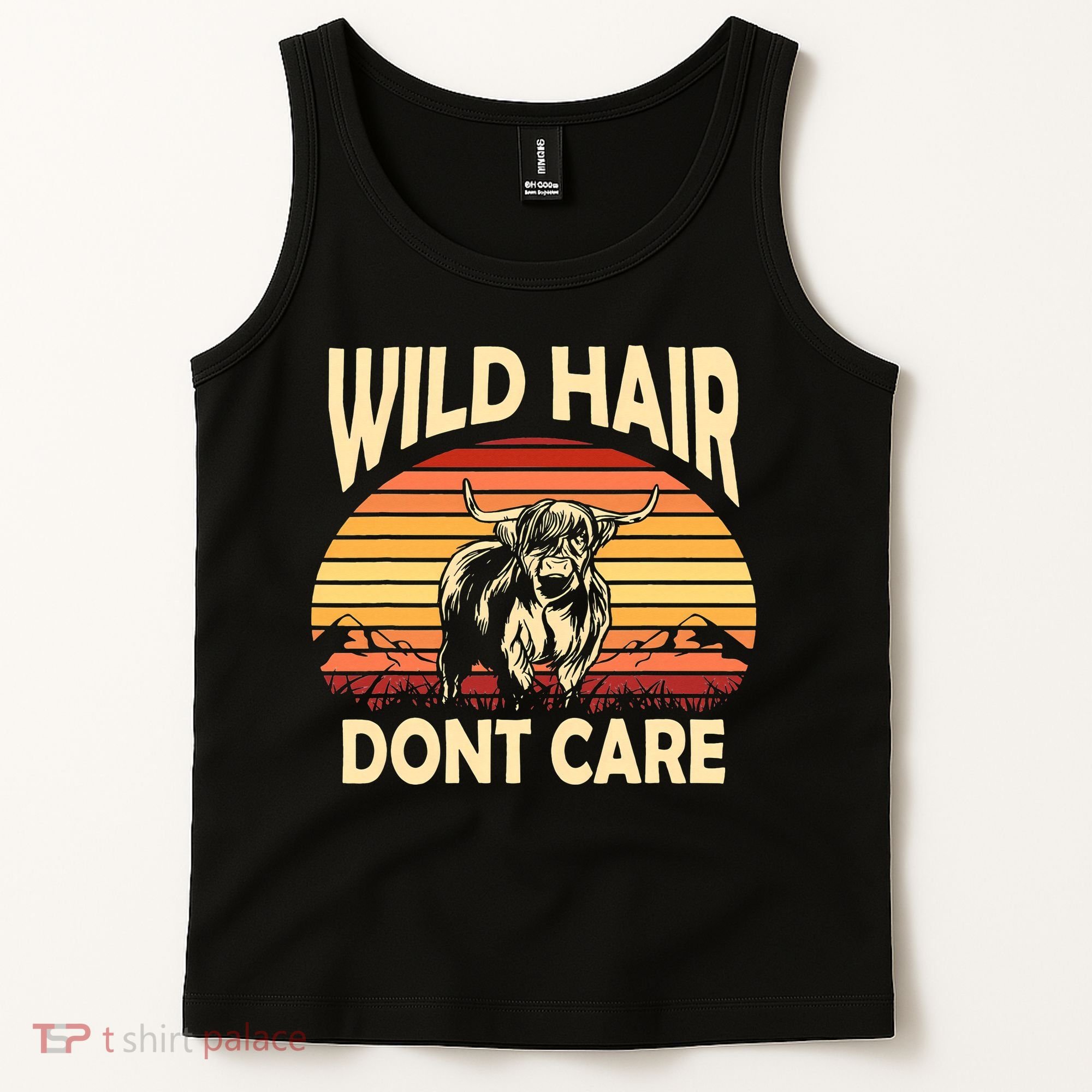 Wild Hair Retro Sunset Scottish Highland Cows Tank Top