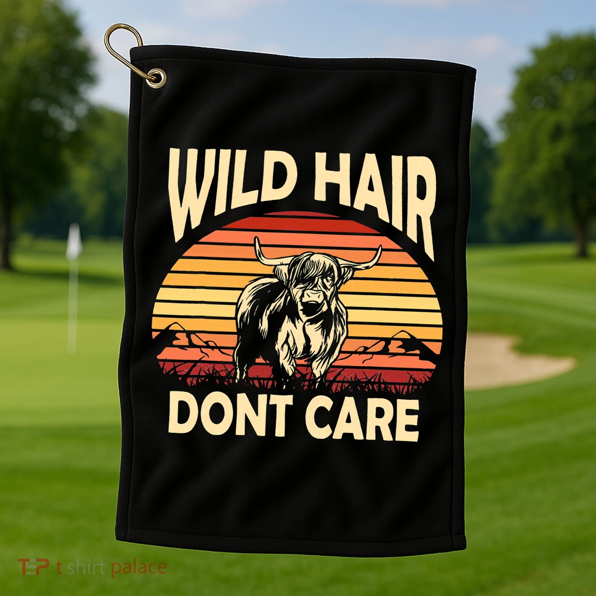 Wild Hair Retro Sunset Scottish Highland Cows Golf Towel
