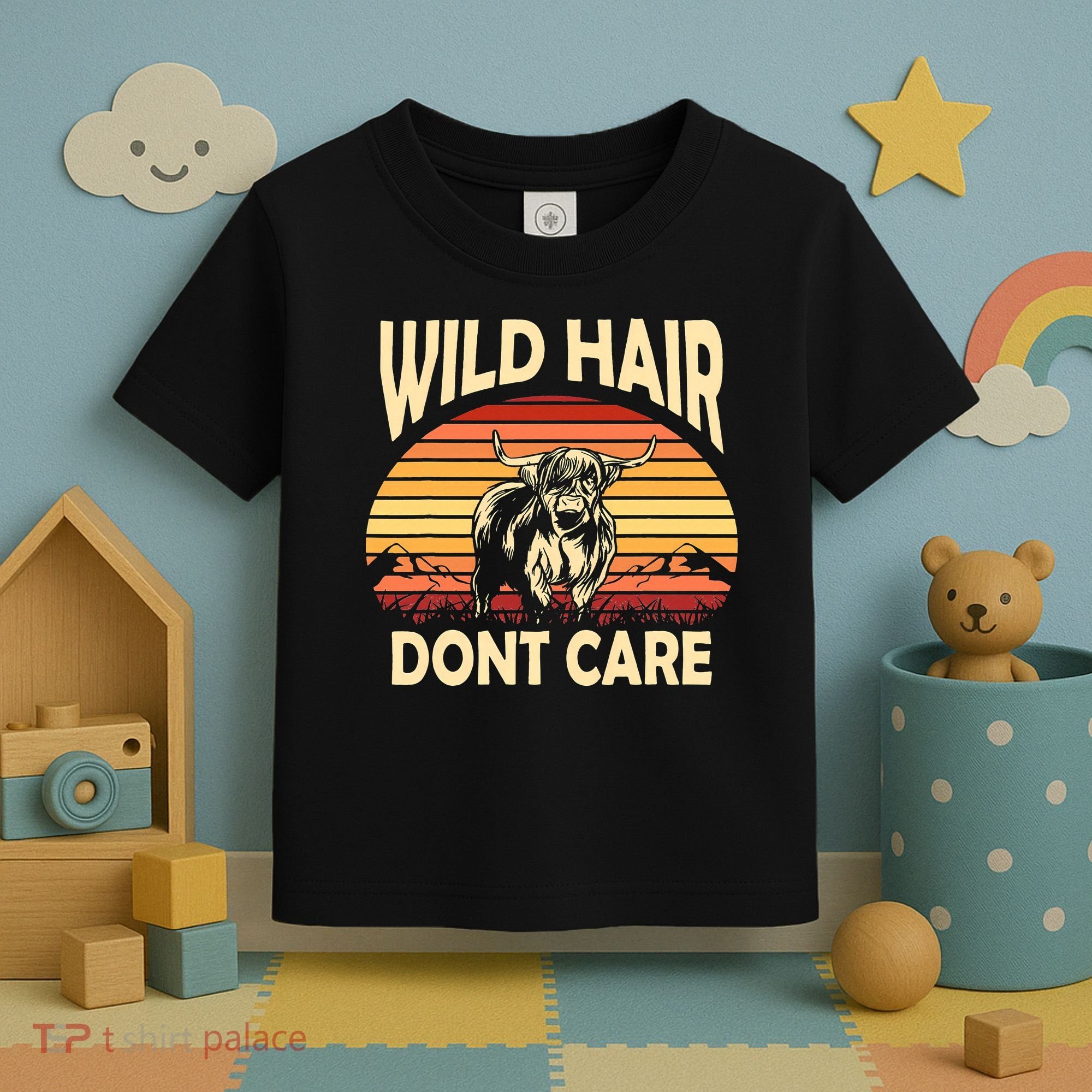 Wild Hair Retro Sunset Scottish Highland Cows Toddler T-Shirt