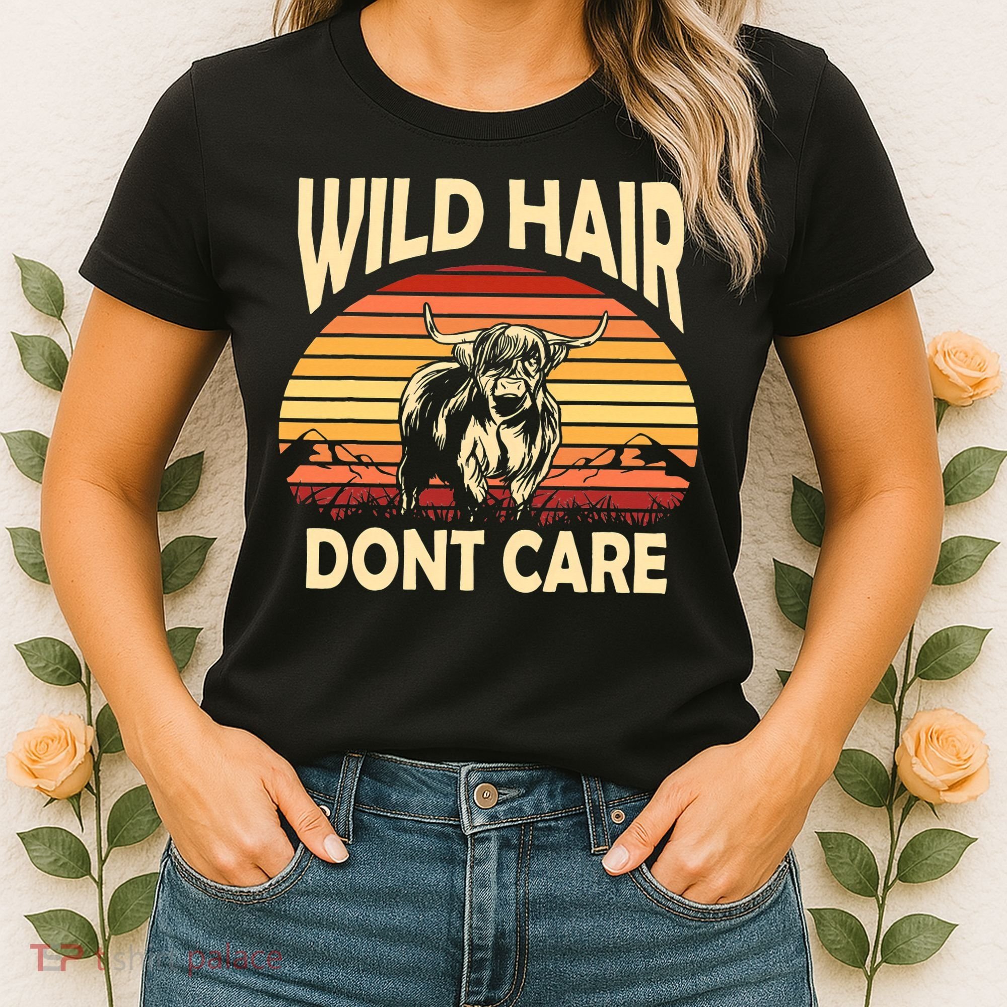 Wild Hair Retro Sunset Scottish Highland Cows Women's T-Shirt