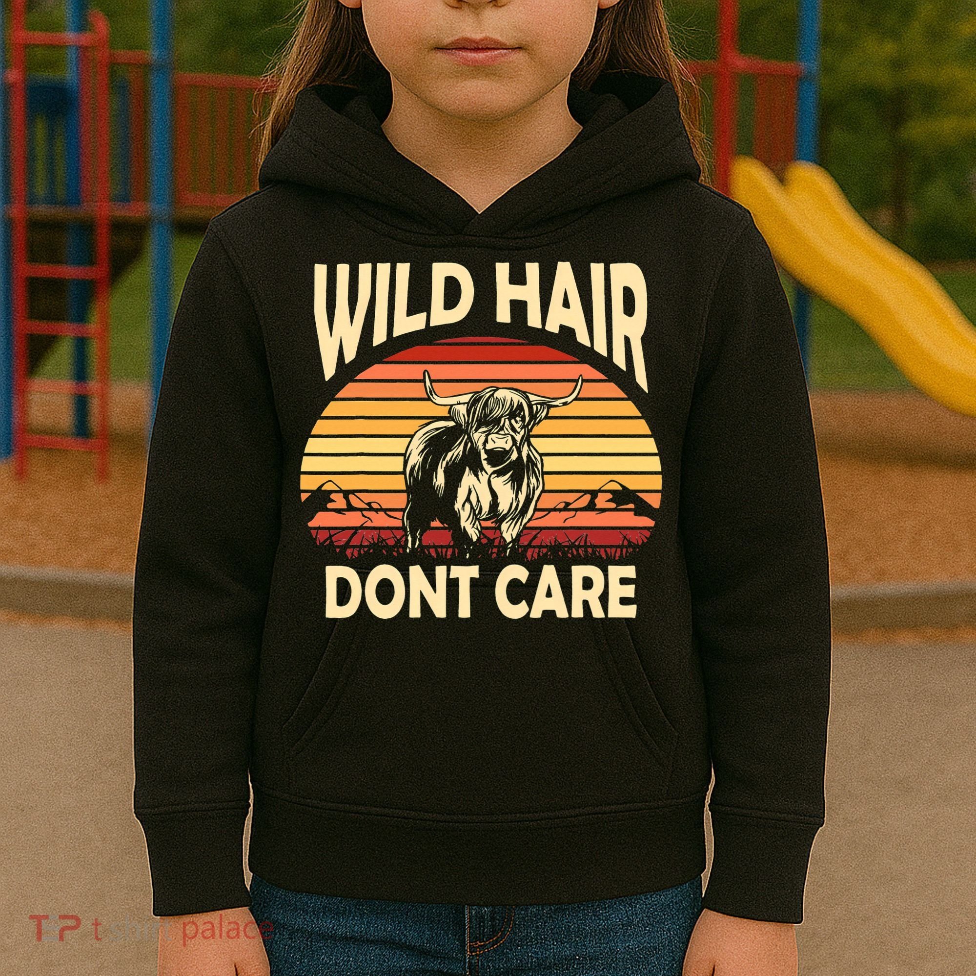 Wild Hair Retro Sunset Scottish Highland Cows Kids Hoodie