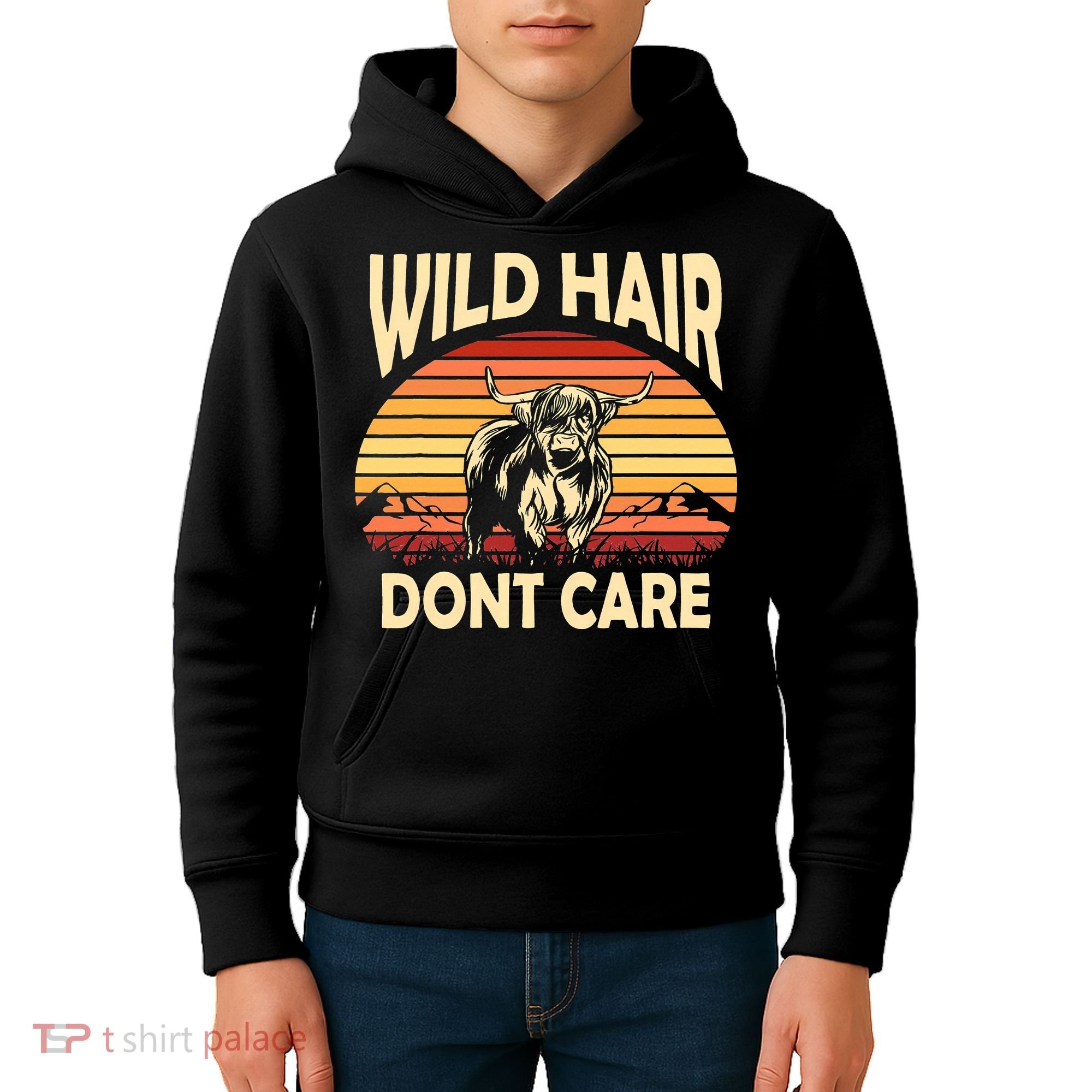 Wild Hair Retro Sunset Scottish Highland Cows Kids Hoodie