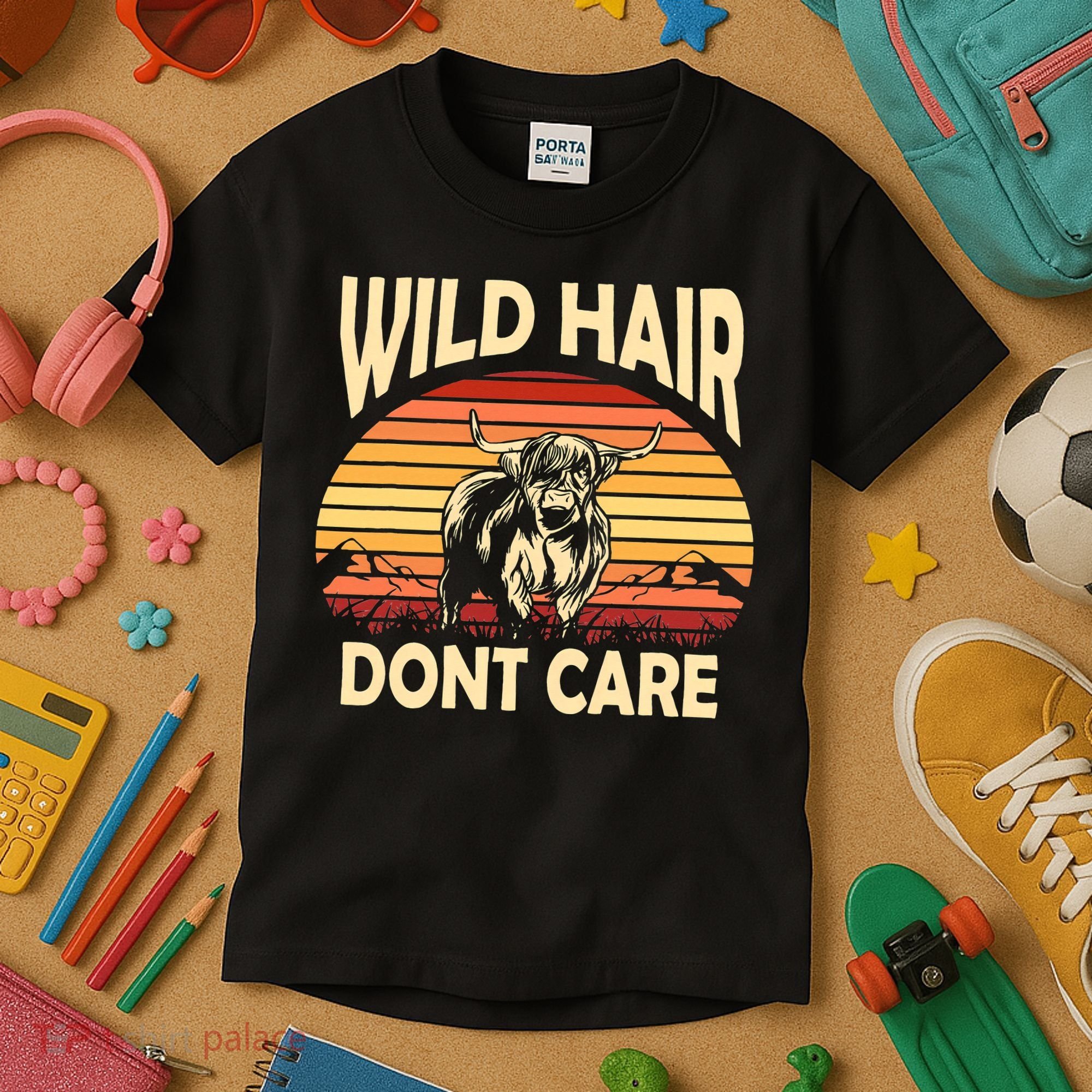 Wild Hair Retro Sunset Scottish Highland Cows Kids T-Shirt