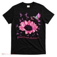 Womens Hummingbird Sunflower Pink Ribbon Breast Cancer Awareness T-Shirt thumb 0