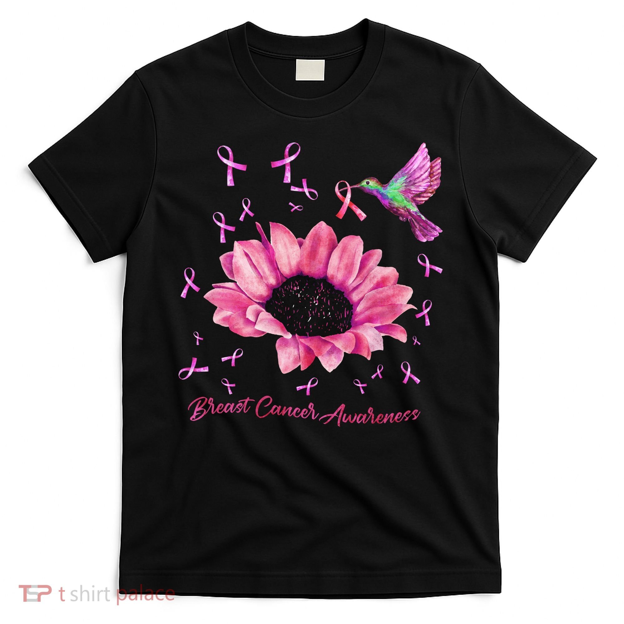 Womens Hummingbird Sunflower Pink Ribbon Breast Cancer Awareness T-Shirt