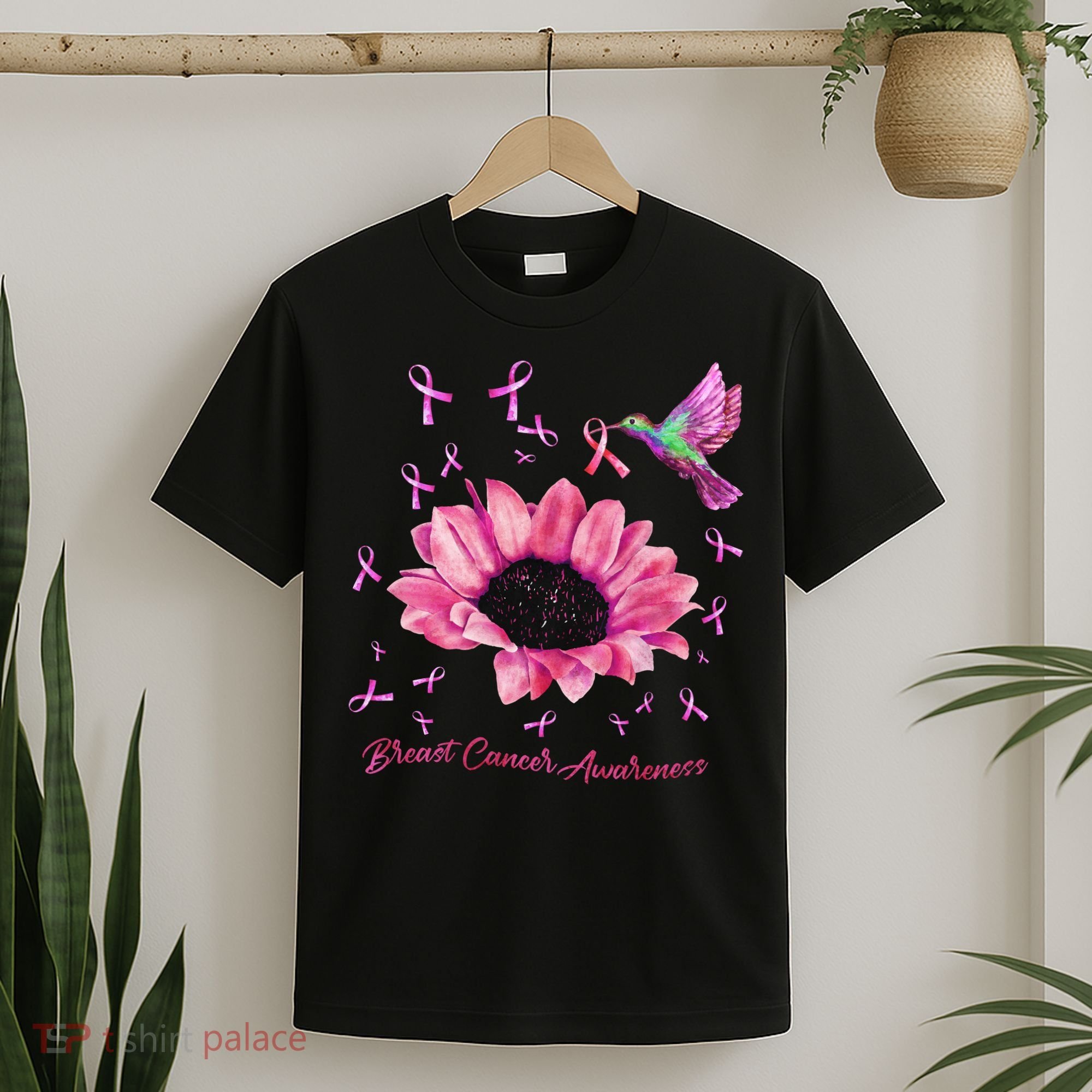 Womens Hummingbird Sunflower Pink Ribbon Breast Cancer Awareness T-Shirt