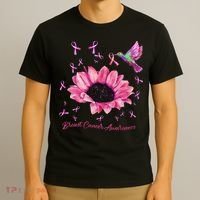 Womens Hummingbird Sunflower Pink Ribbon Breast Cancer Awareness T-Shirt thumb 3