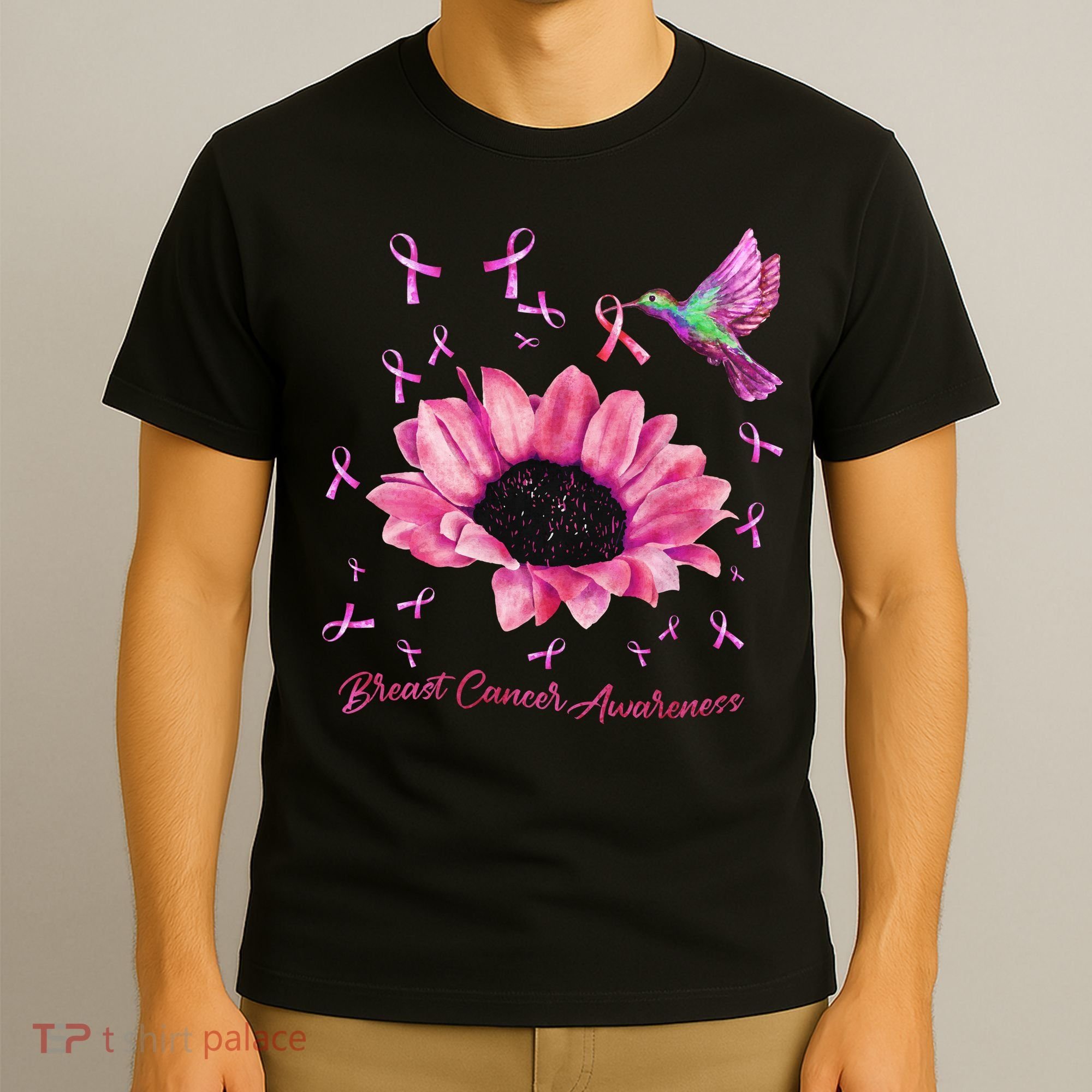 Womens Hummingbird Sunflower Pink Ribbon Breast Cancer Awareness T-Shirt