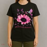Womens Hummingbird Sunflower Pink Ribbon Breast Cancer Awareness T-Shirt thumb 4