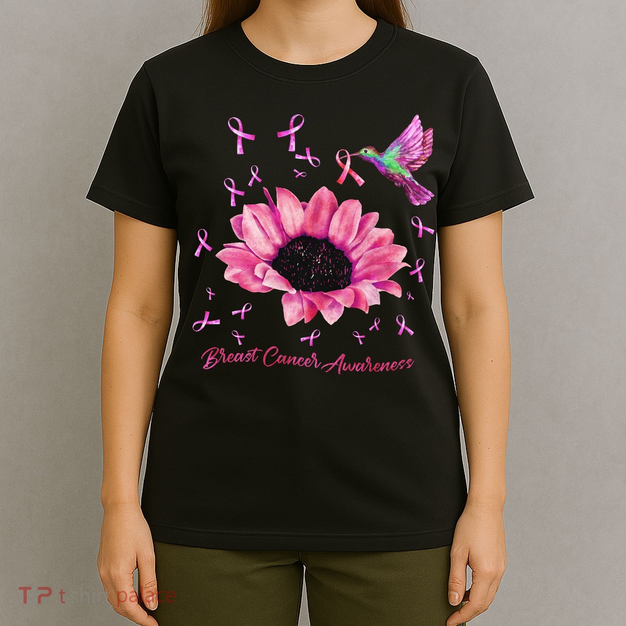 Womens Hummingbird Sunflower Pink Ribbon Breast Cancer Awareness T-Shirt