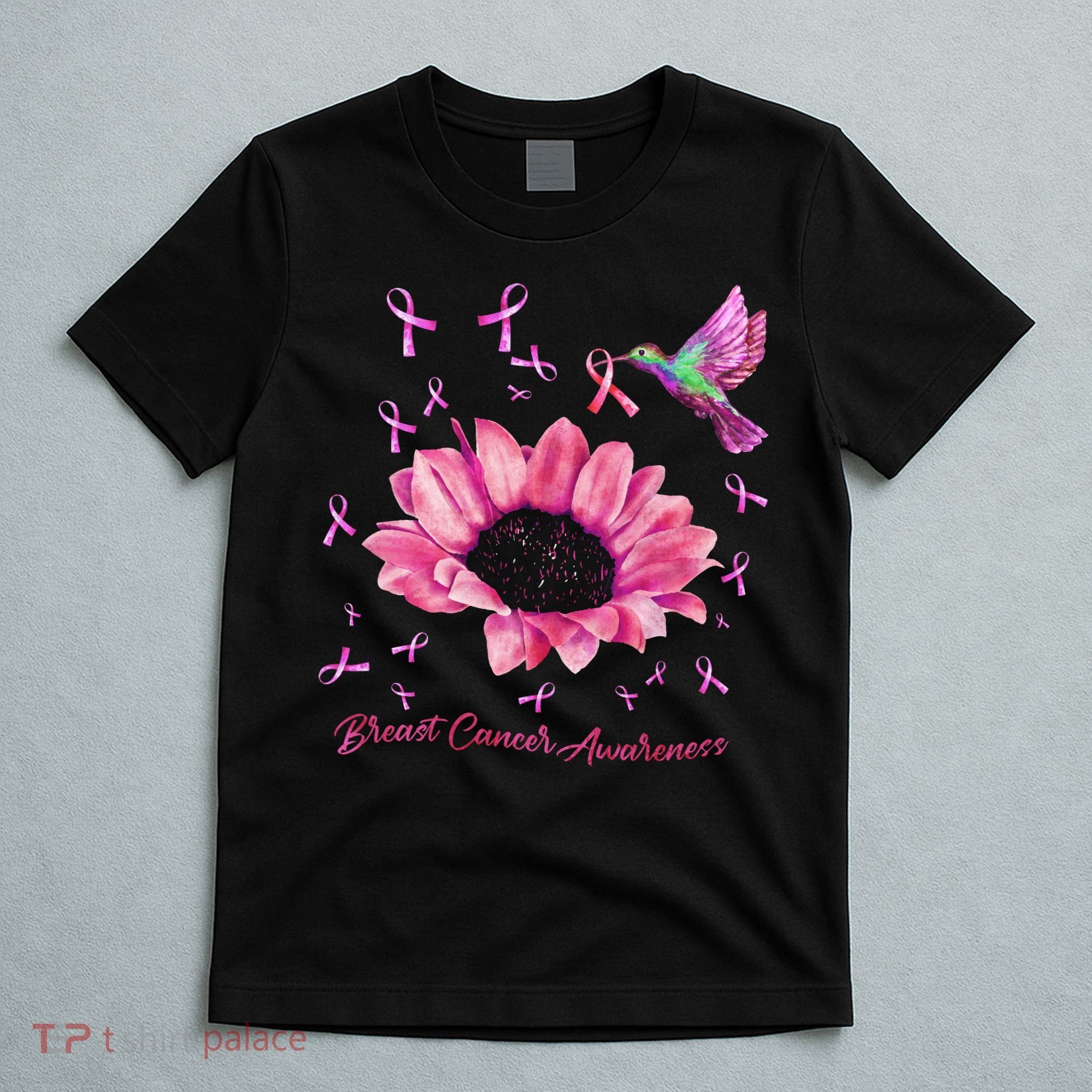 Womens Hummingbird Sunflower Pink Ribbon Breast Cancer Awareness T-Shirt