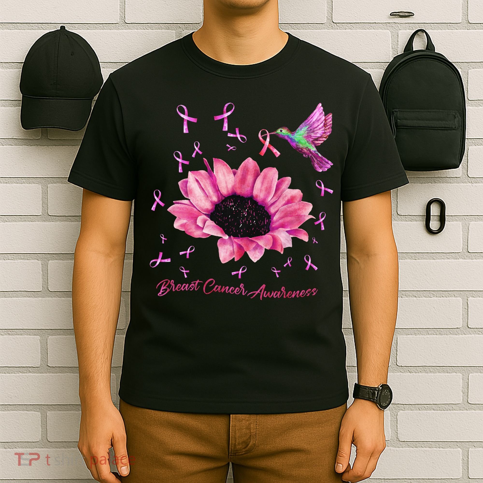 Womens Hummingbird Sunflower Pink Ribbon Breast Cancer Awareness T-Shirt