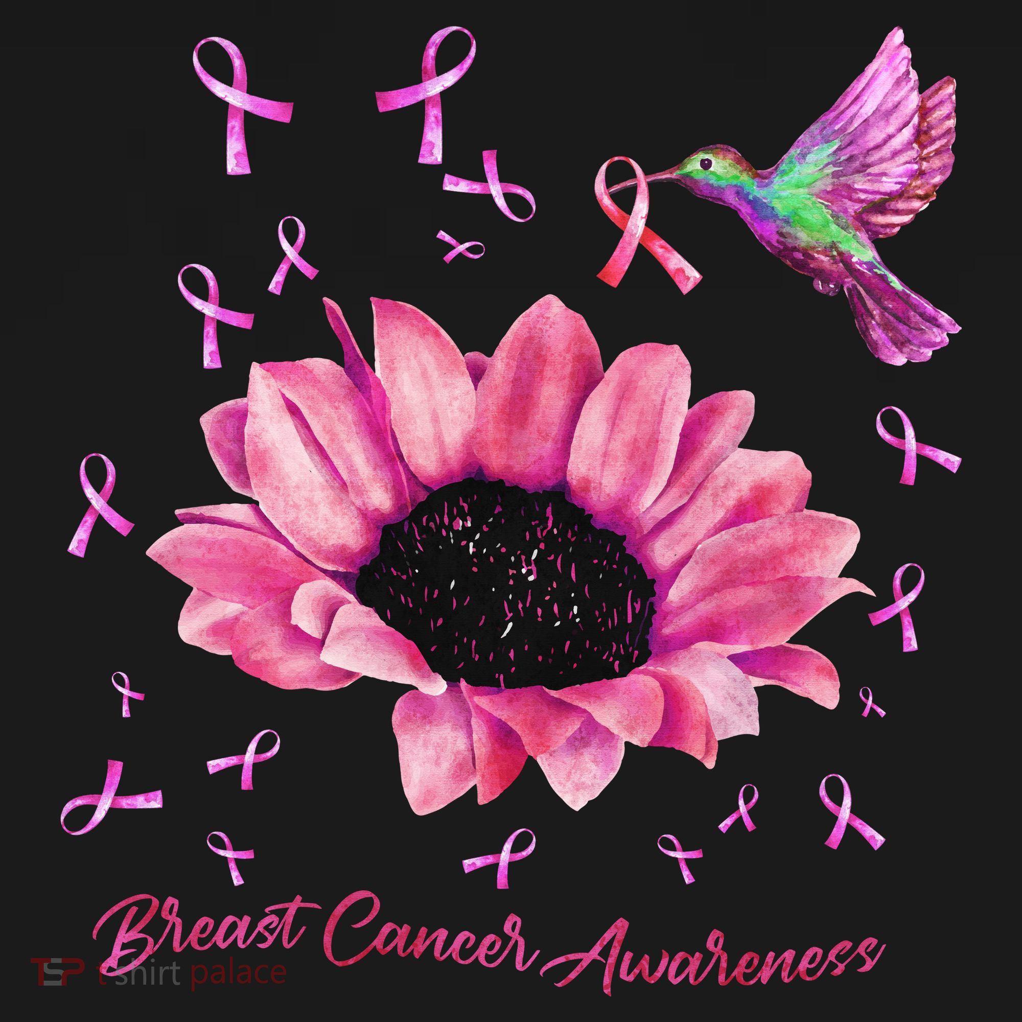 Womens Hummingbird Sunflower Pink Ribbon Breast Cancer Awareness T-Shirt