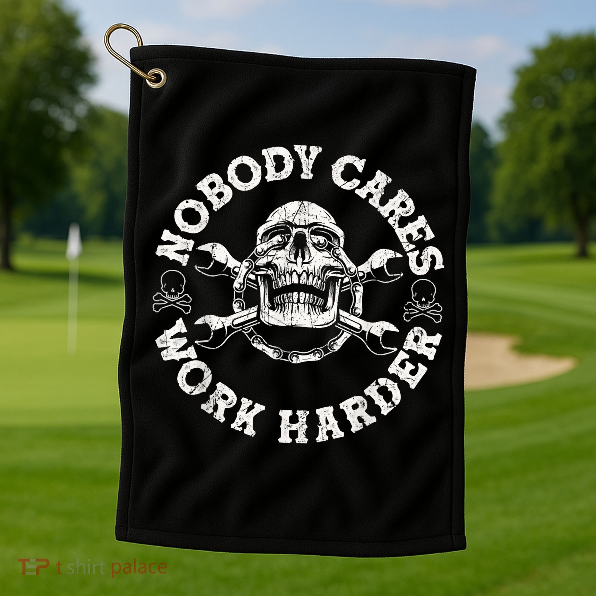 Work Harder Skull Engineer Meme No One Cares Work Harder Motivational Quote Golf Towel