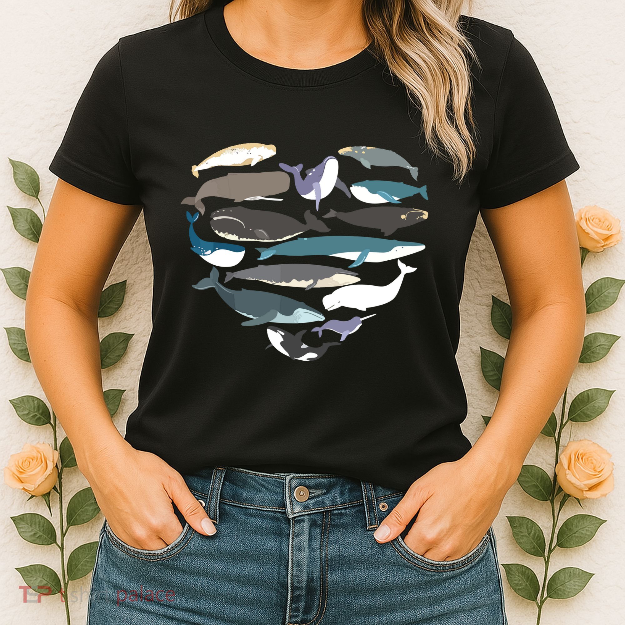 Whales Heart Shape Cute Ocean Mammals Whale Breeds Species Women's T-Shirt
