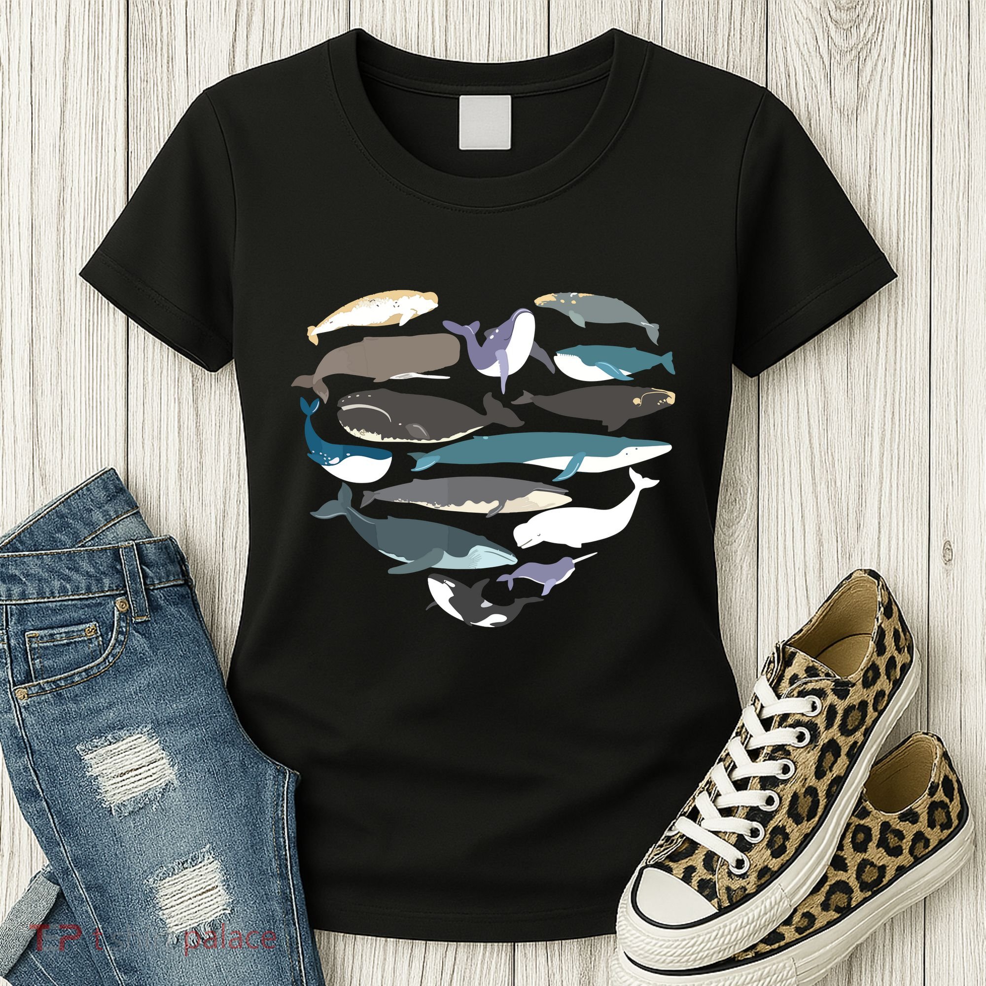 Whales Heart Shape Cute Ocean Mammals Whale Breeds Species Women's T-Shirt