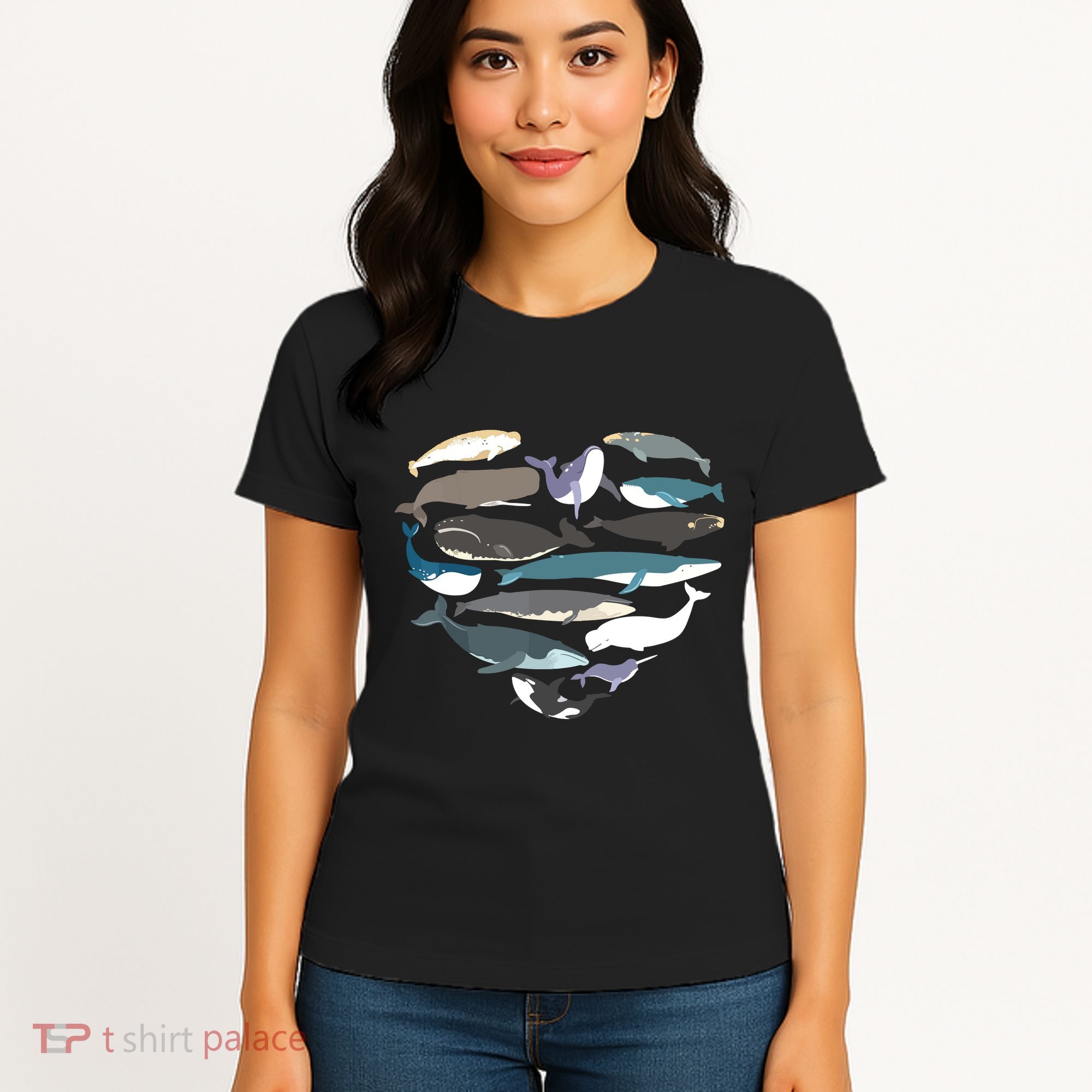 Whales Heart Shape Cute Ocean Mammals Whale Breeds Species Women's T-Shirt