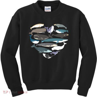 Whales Heart Shape Cute Ocean Mammals Whale Breeds Species Kids Sweatshirt