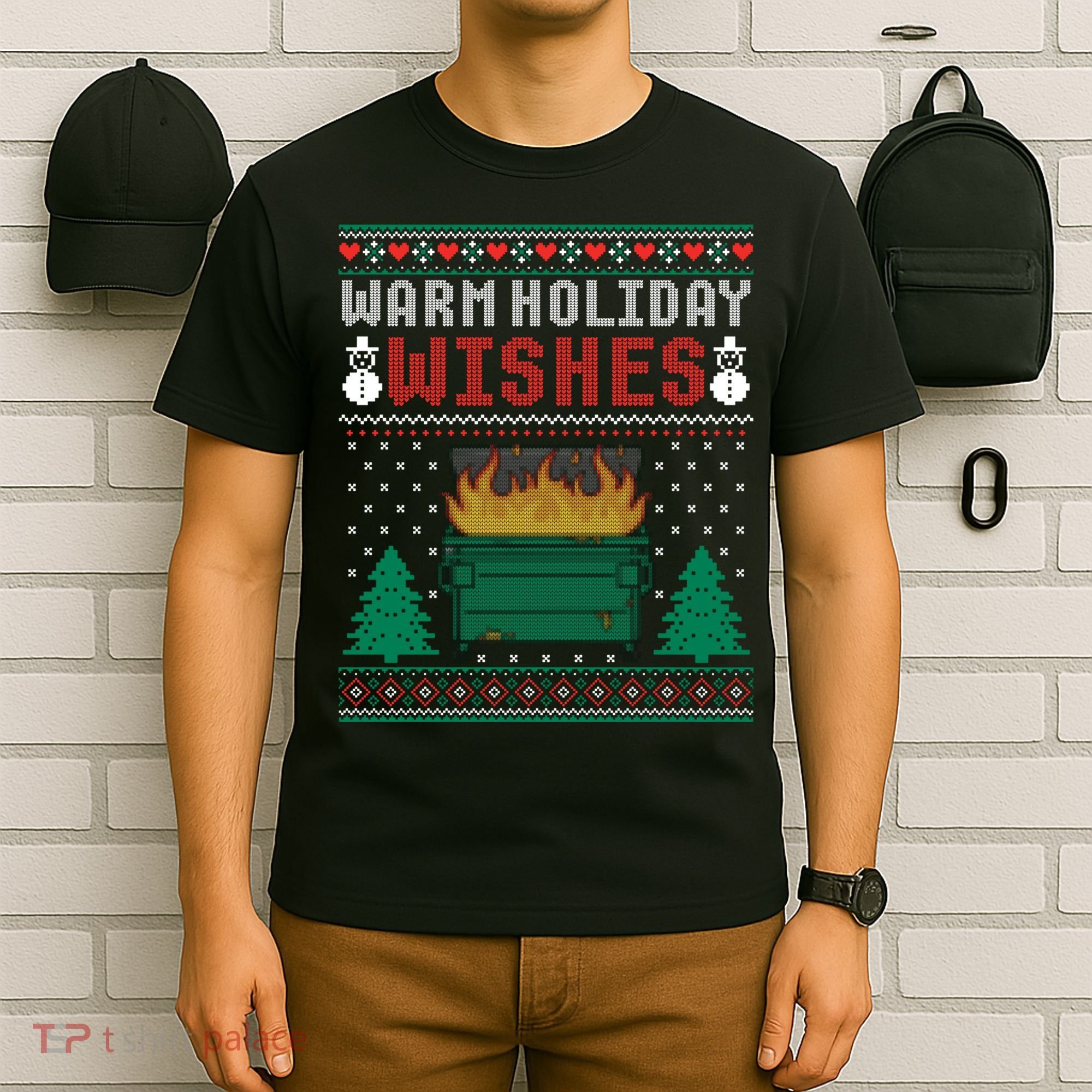 Warm Holiday Wishes Christmas Lights Sweater Dumpster Fire T-Shirt