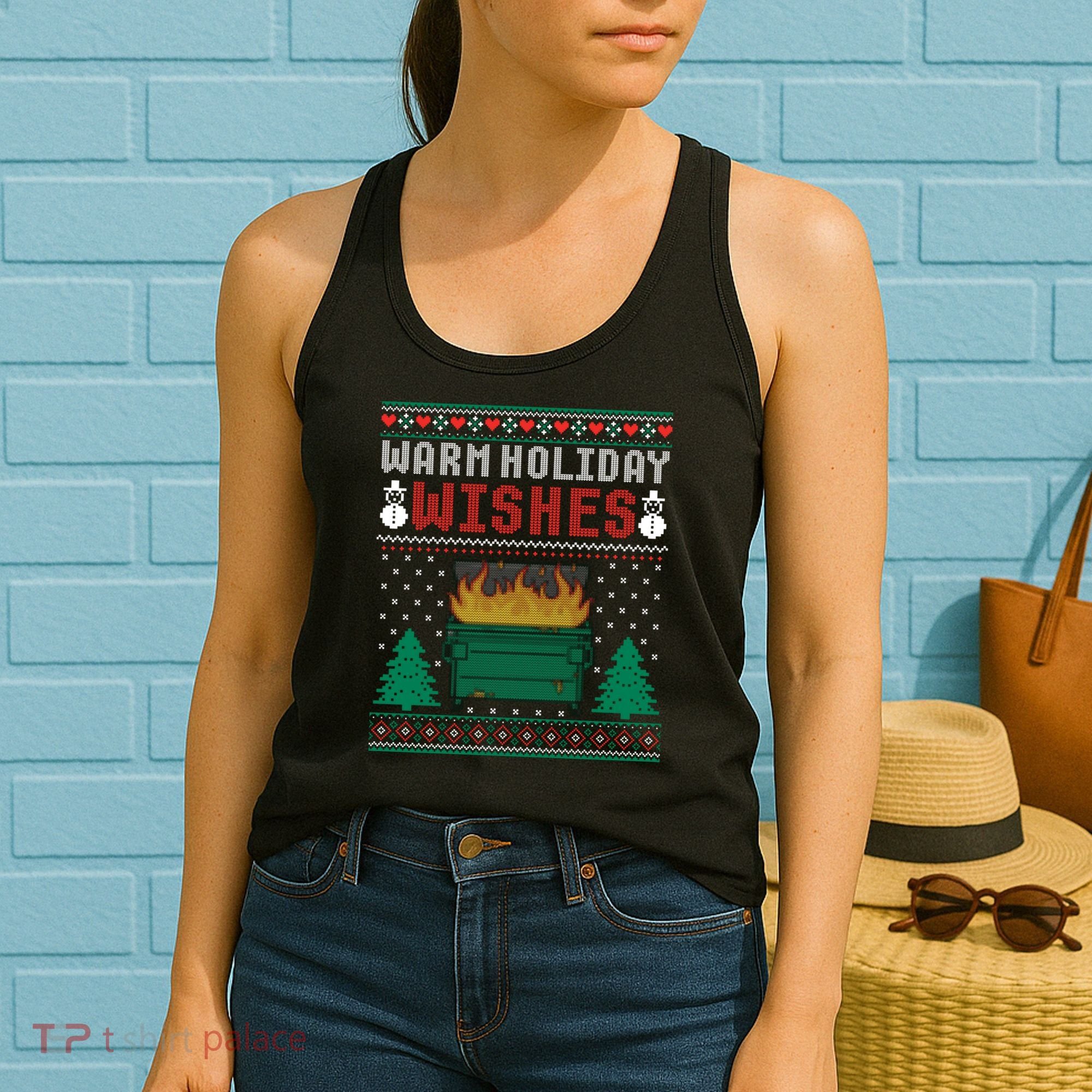Warm Holiday Wishes Christmas Lights Sweater Dumpster Fire Women's Tank Top