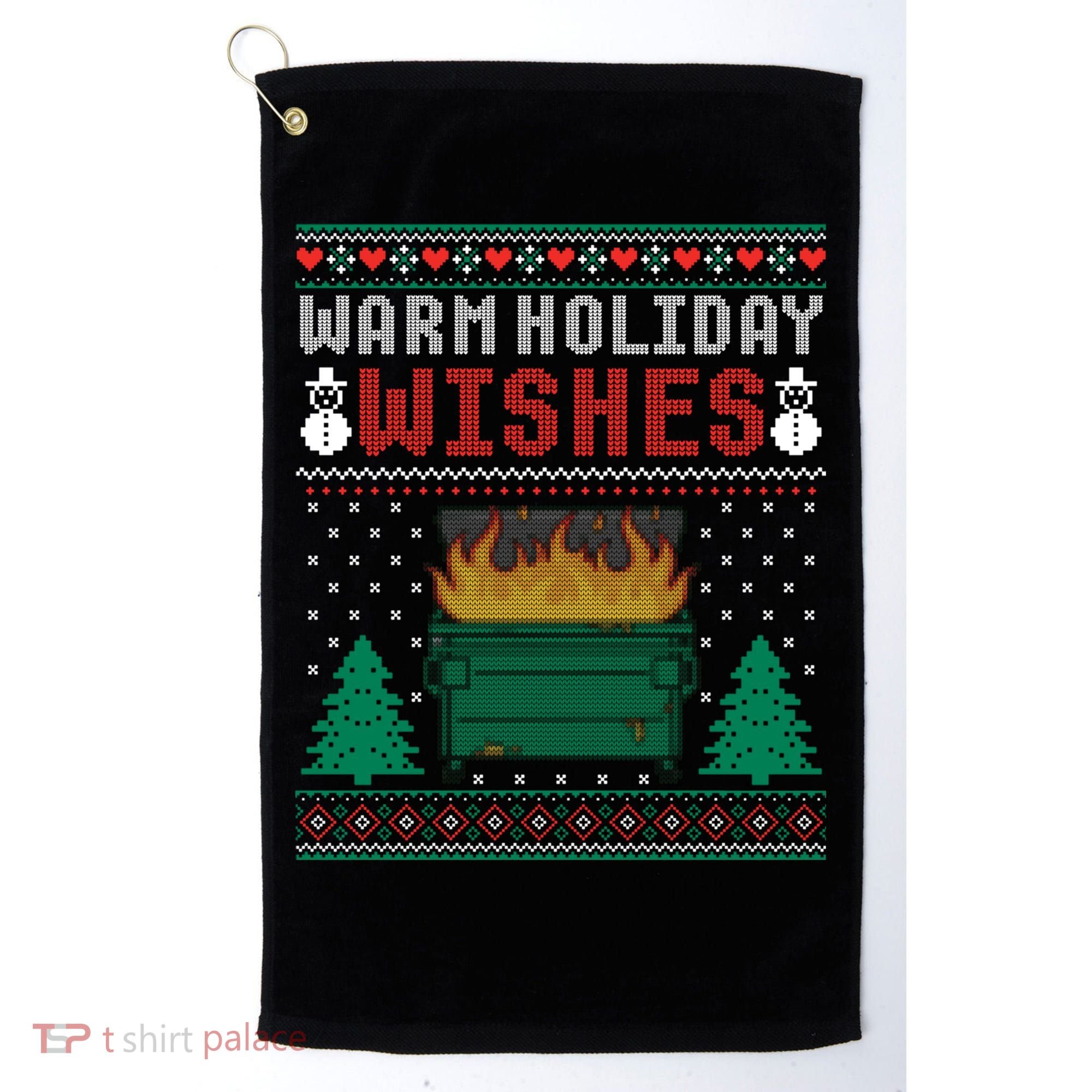 Warm Holiday Wishes Christmas Lights Sweater Dumpster Fire Golf Towel