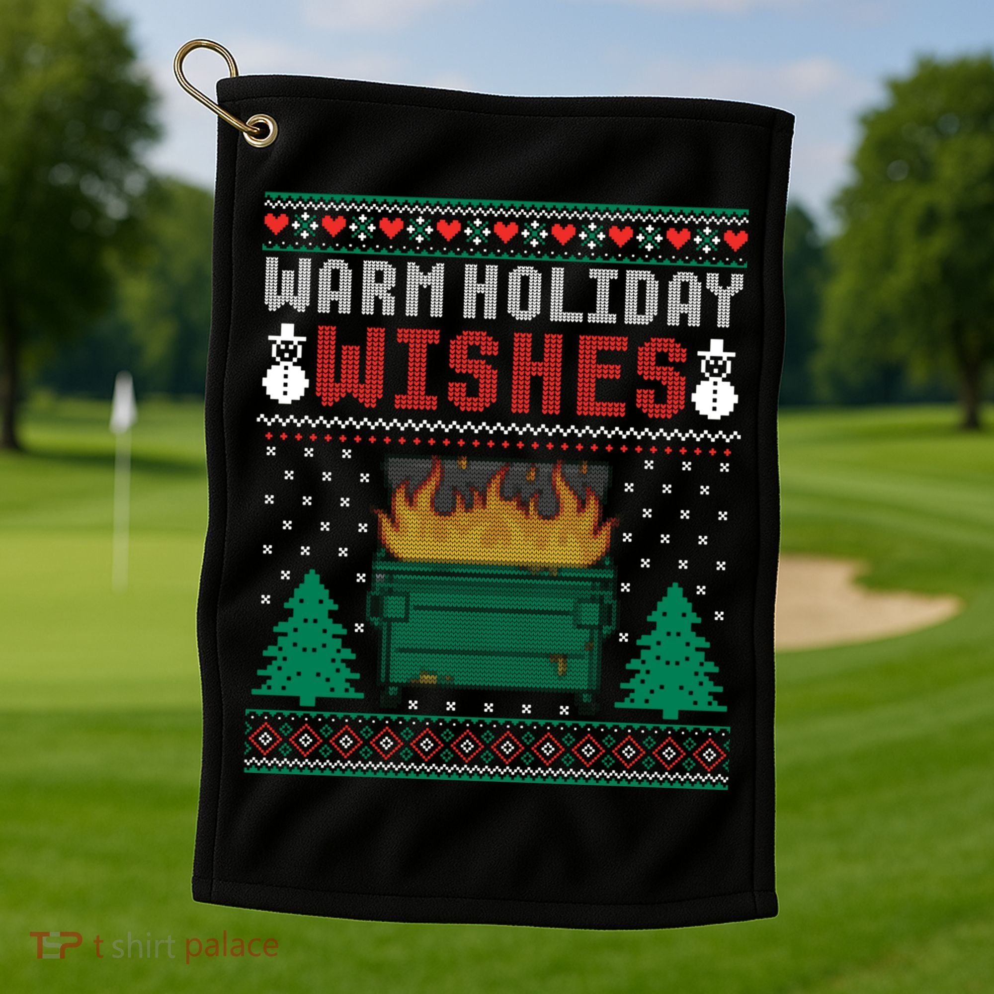 Warm Holiday Wishes Christmas Lights Sweater Dumpster Fire Golf Towel