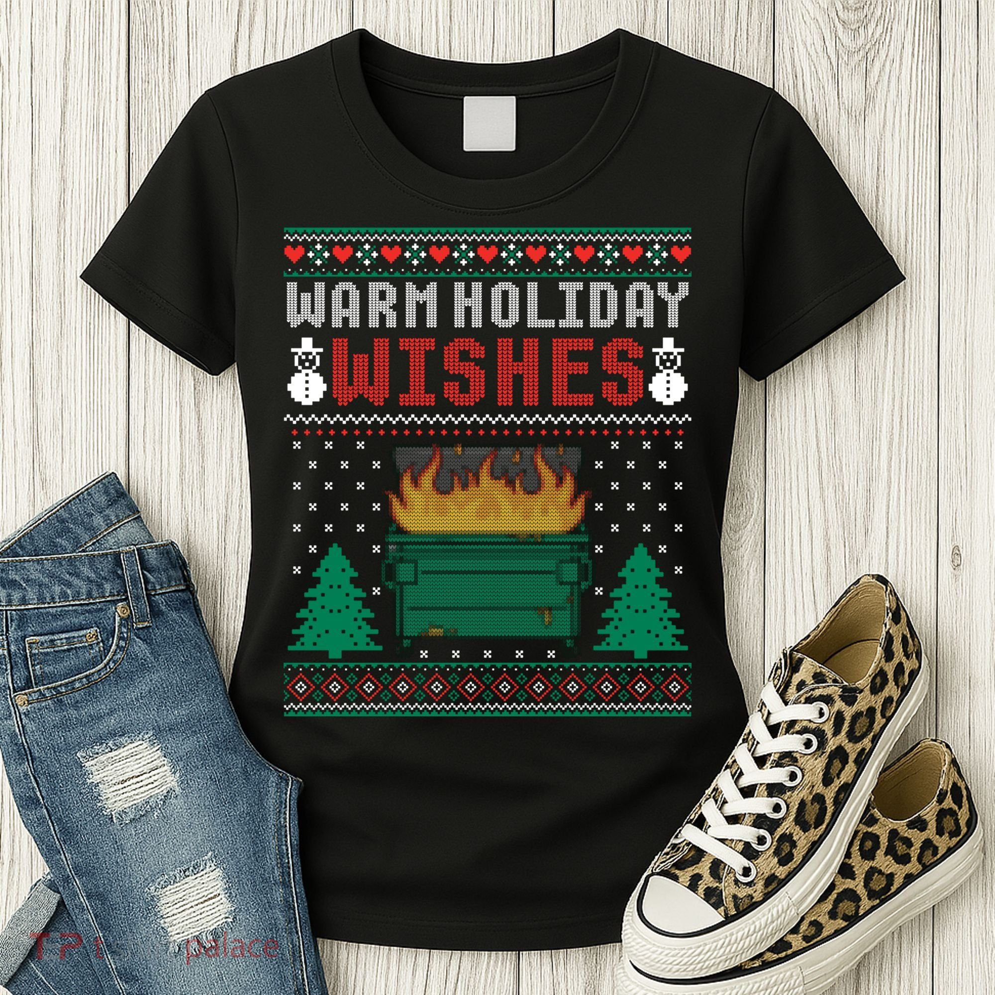 Warm Holiday Wishes Christmas Lights Sweater Dumpster Fire Women's T-Shirt