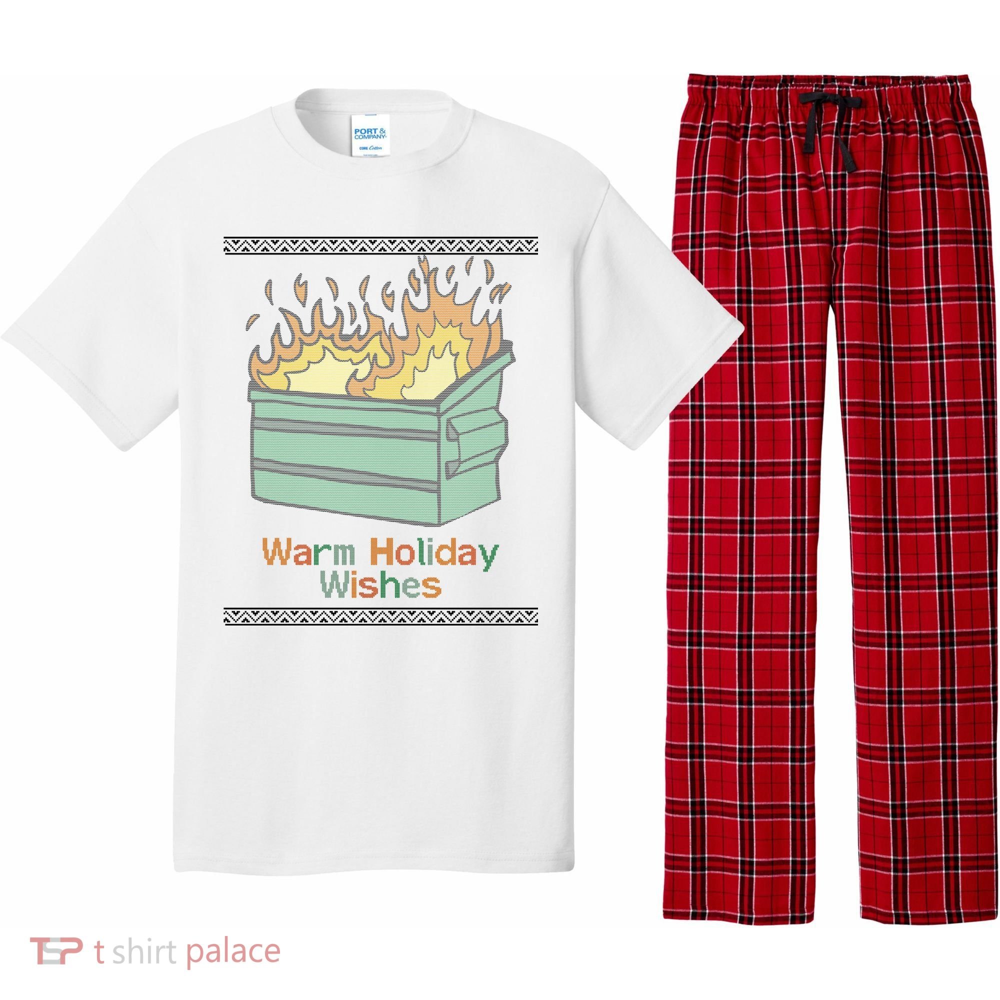 Warm Holiday Wishes Trash Can Flame Ugly Christmas Pajama Set