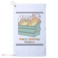 Warm Holiday Wishes Trash Can Flame Ugly Christmas Golf Towel thumb 0