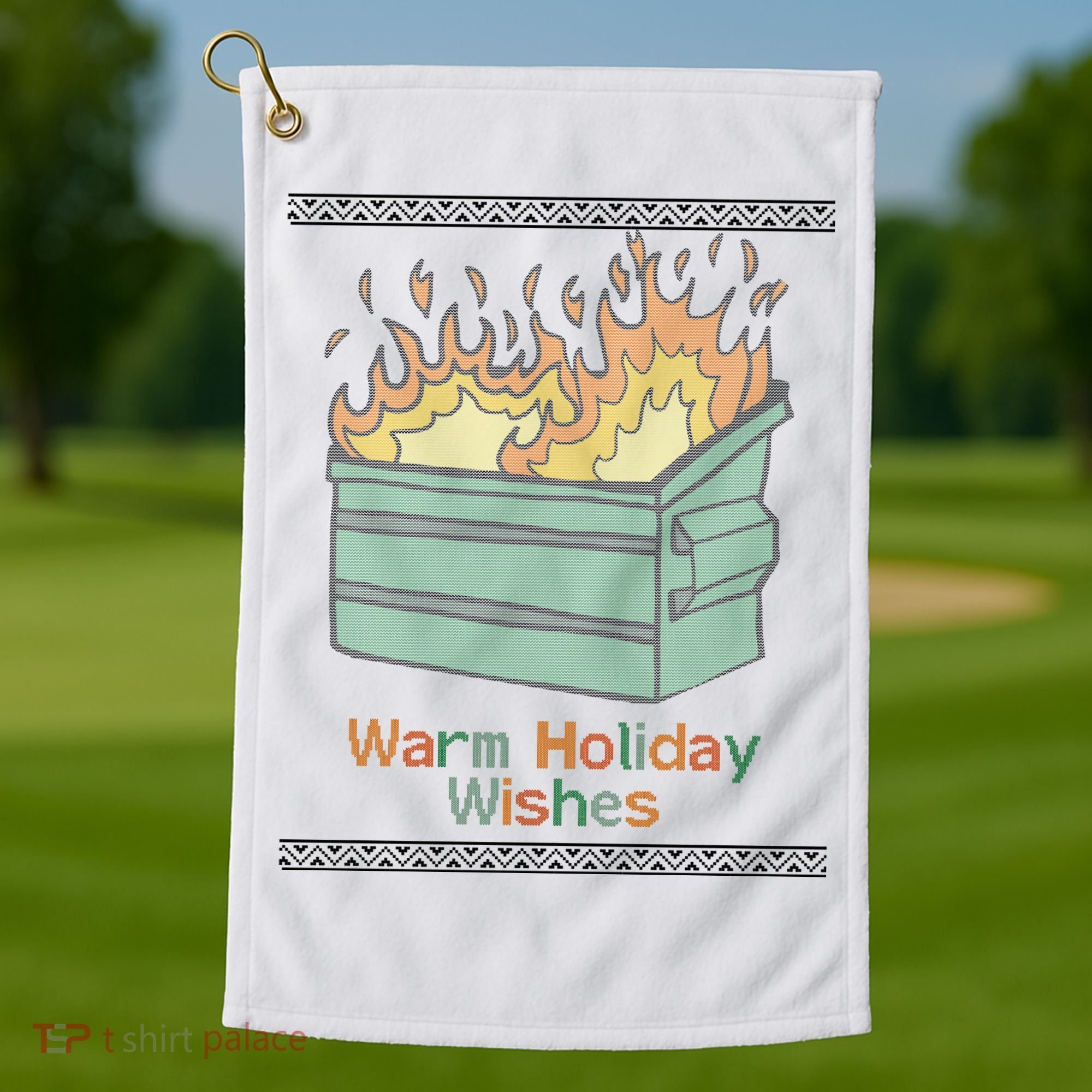 Warm Holiday Wishes Trash Can Flame Ugly Christmas Golf Towel