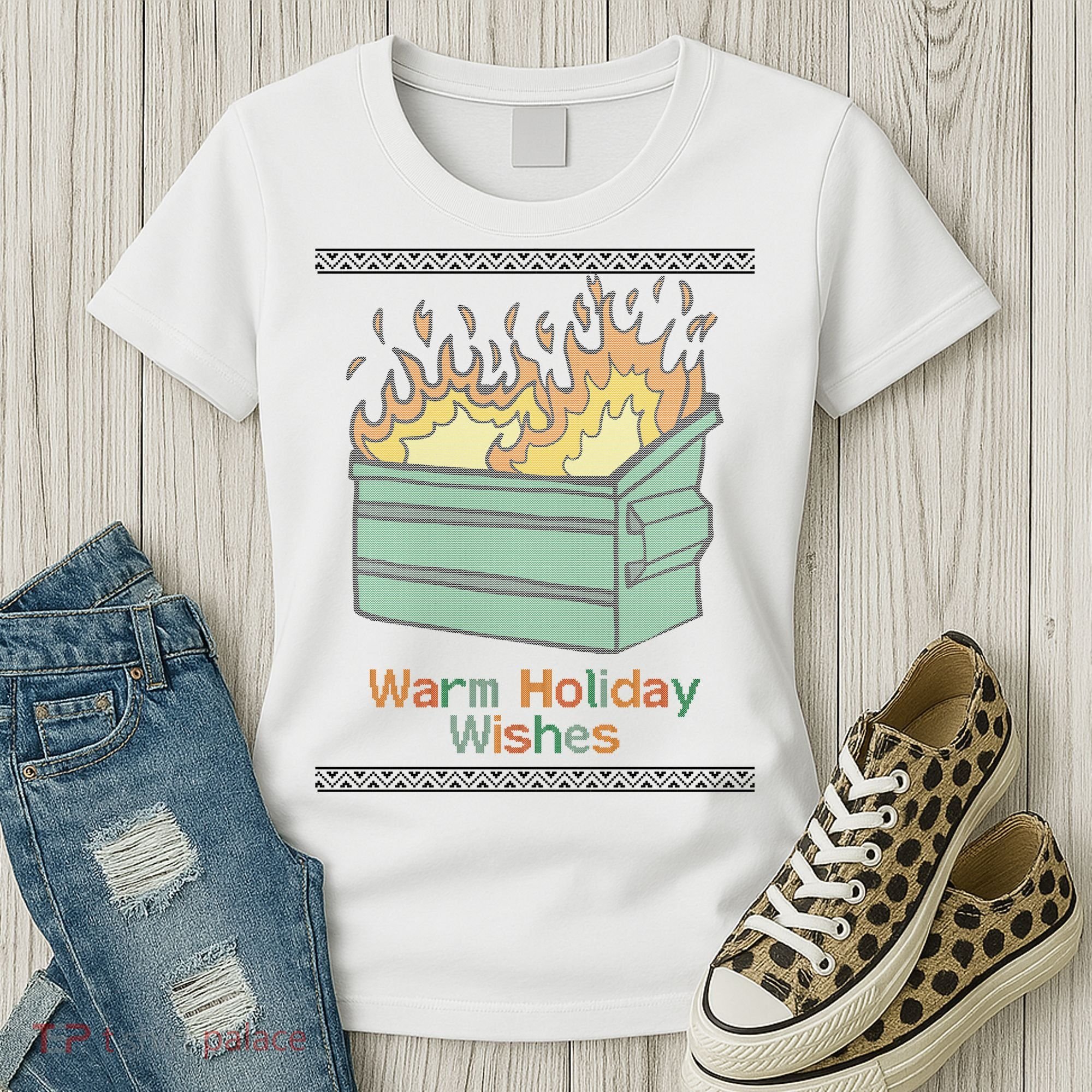 Warm Holiday Wishes Trash Can Flame Ugly Christmas Women's T-Shirt