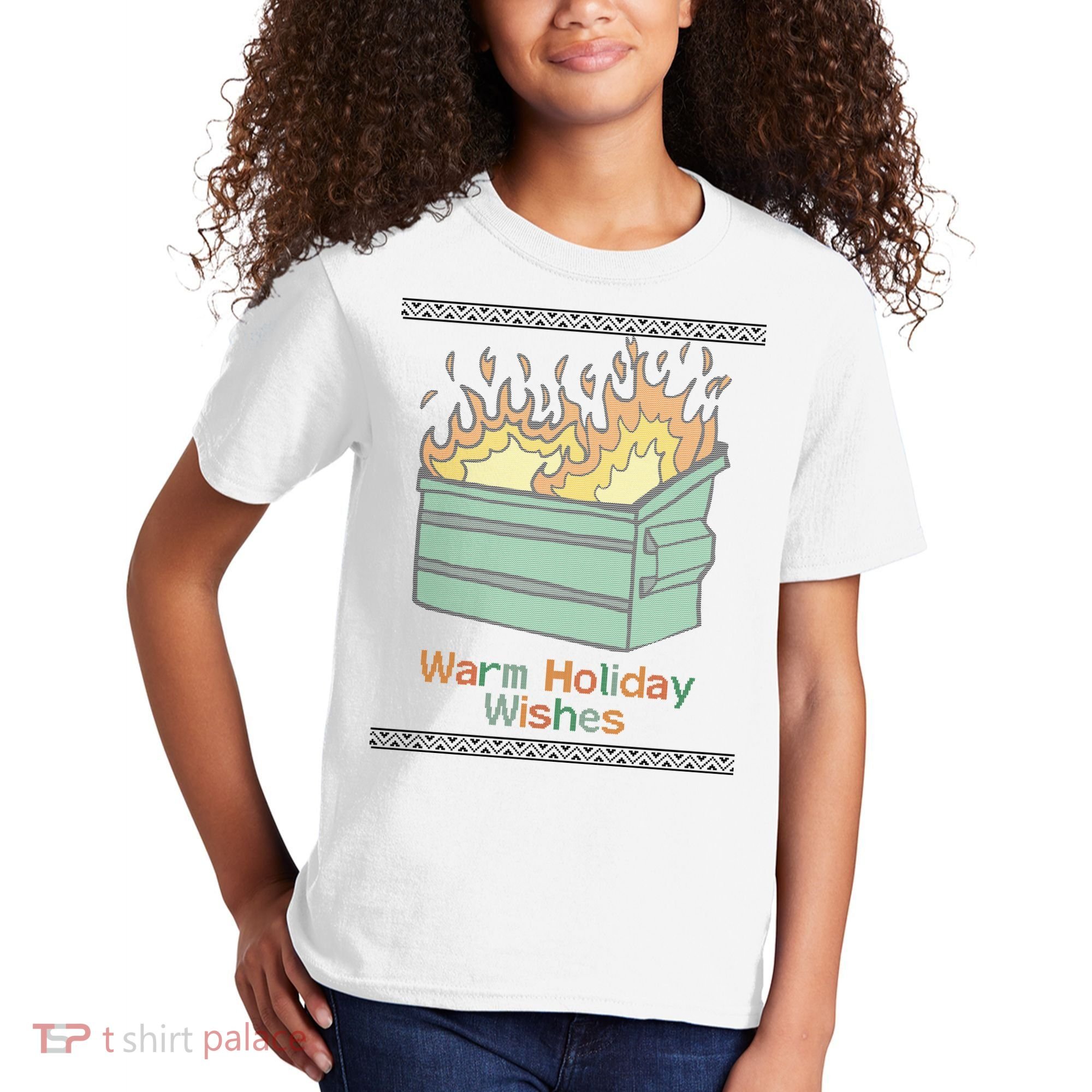 Warm Holiday Wishes Trash Can Flame Ugly Christmas Kids T-Shirt