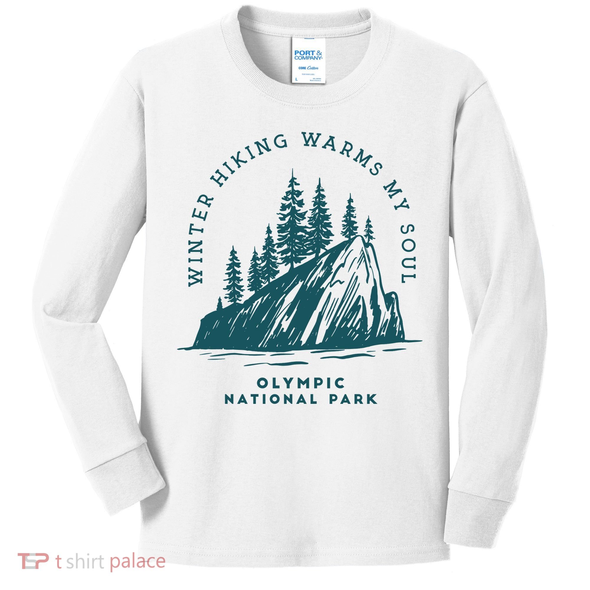 Winter Hiking Warms My Soul Washington State Kids Long Sleeve Shirt