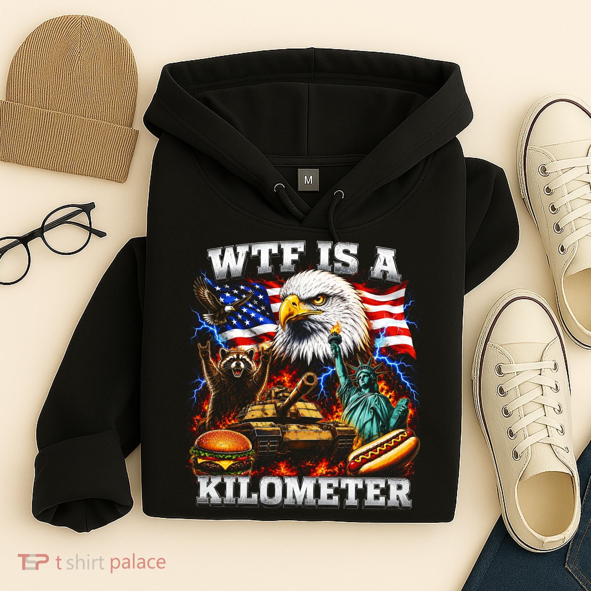 WTF Is A Kilometer? Patriotic Eagle American Graphic Hoodie