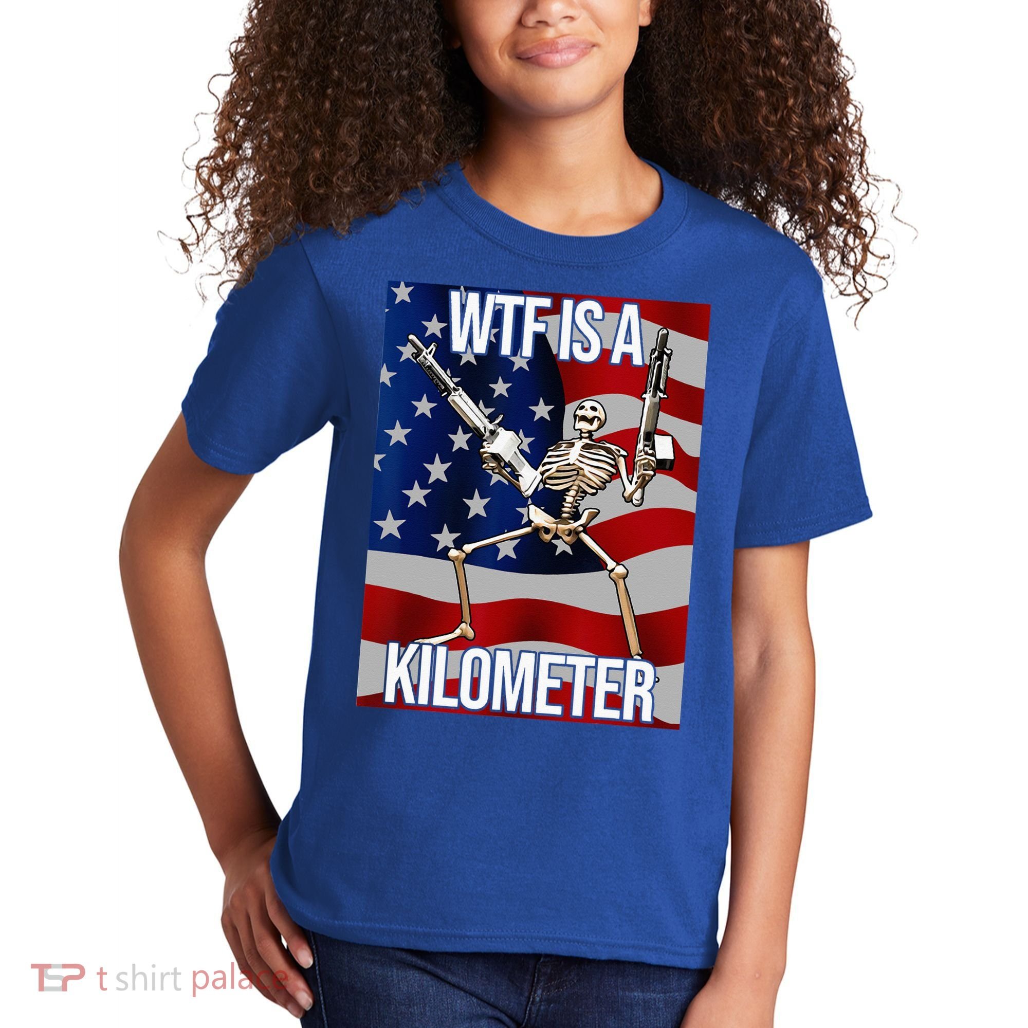 WTF Is A Kilometer American Skeleton Funny Kids T-Shirt