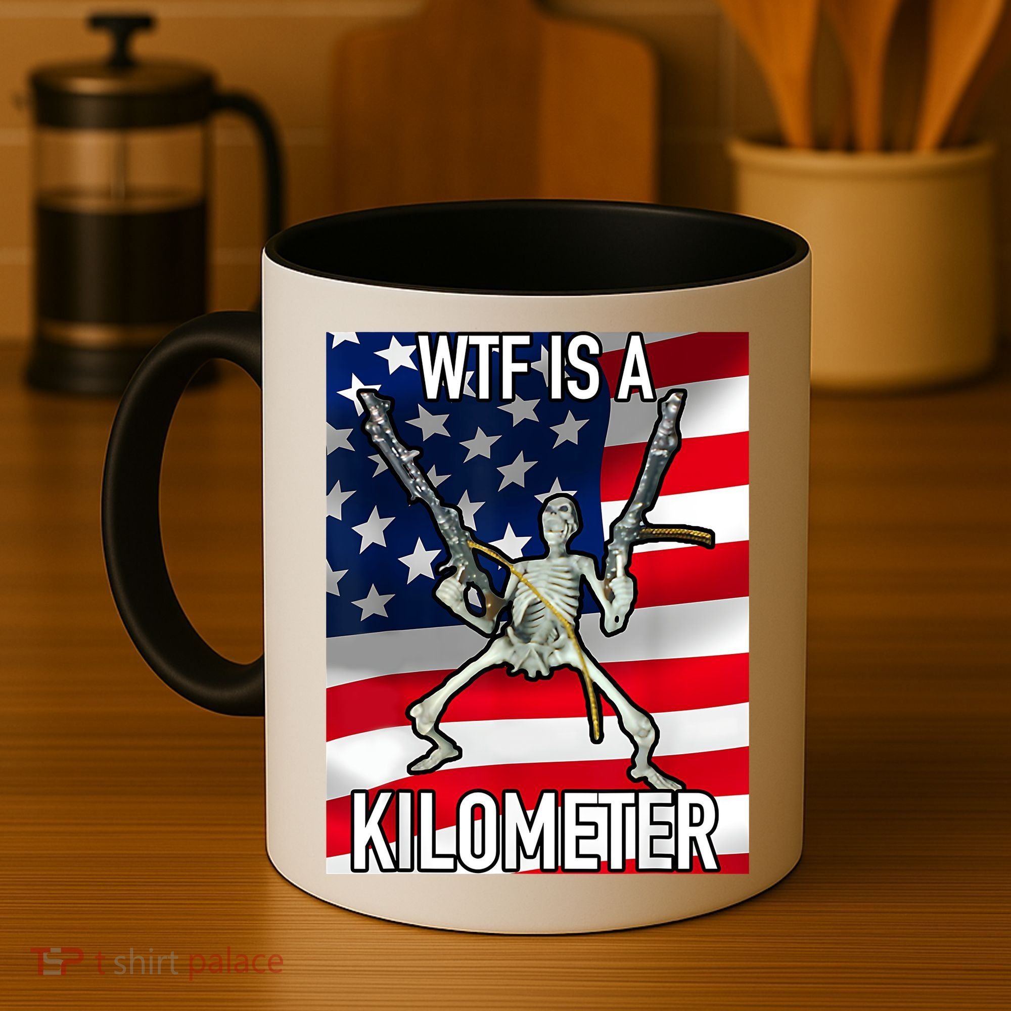 WTF Is A Kilometer July 4th Skeleton Funny Cringey USA Meme Coffee Mug