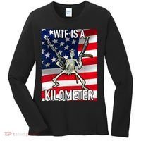 WTF Is A Kilometer July 4th Skeleton Funny Cringey USA Meme Women's Long Sleeve Shirt thumb 0