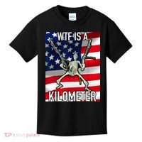 WTF Is A Kilometer July 4th Skeleton Funny Cringey USA Meme Kids T-Shirt thumb 0