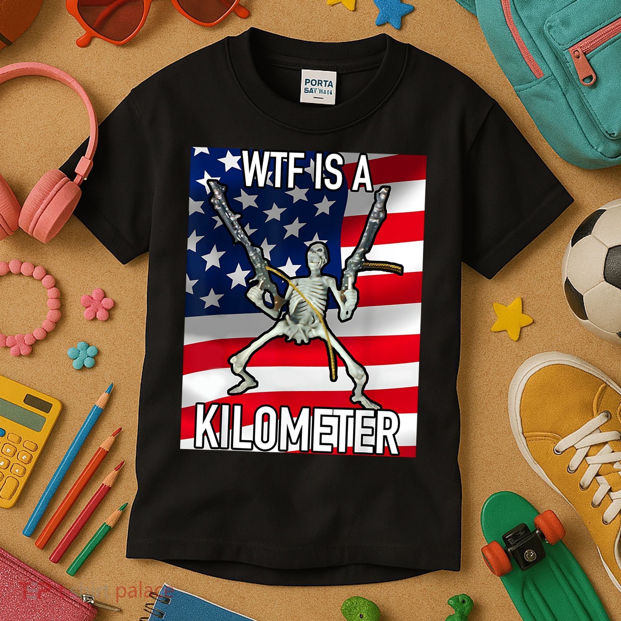 WTF Is A Kilometer July 4th Skeleton Funny Cringey USA Meme Kids T-Shirt
