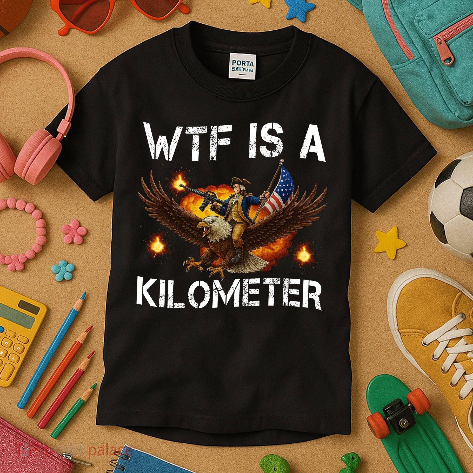 WTF Is A Kilometer Funny Patriotic American Freedom  Kids T-Shirt