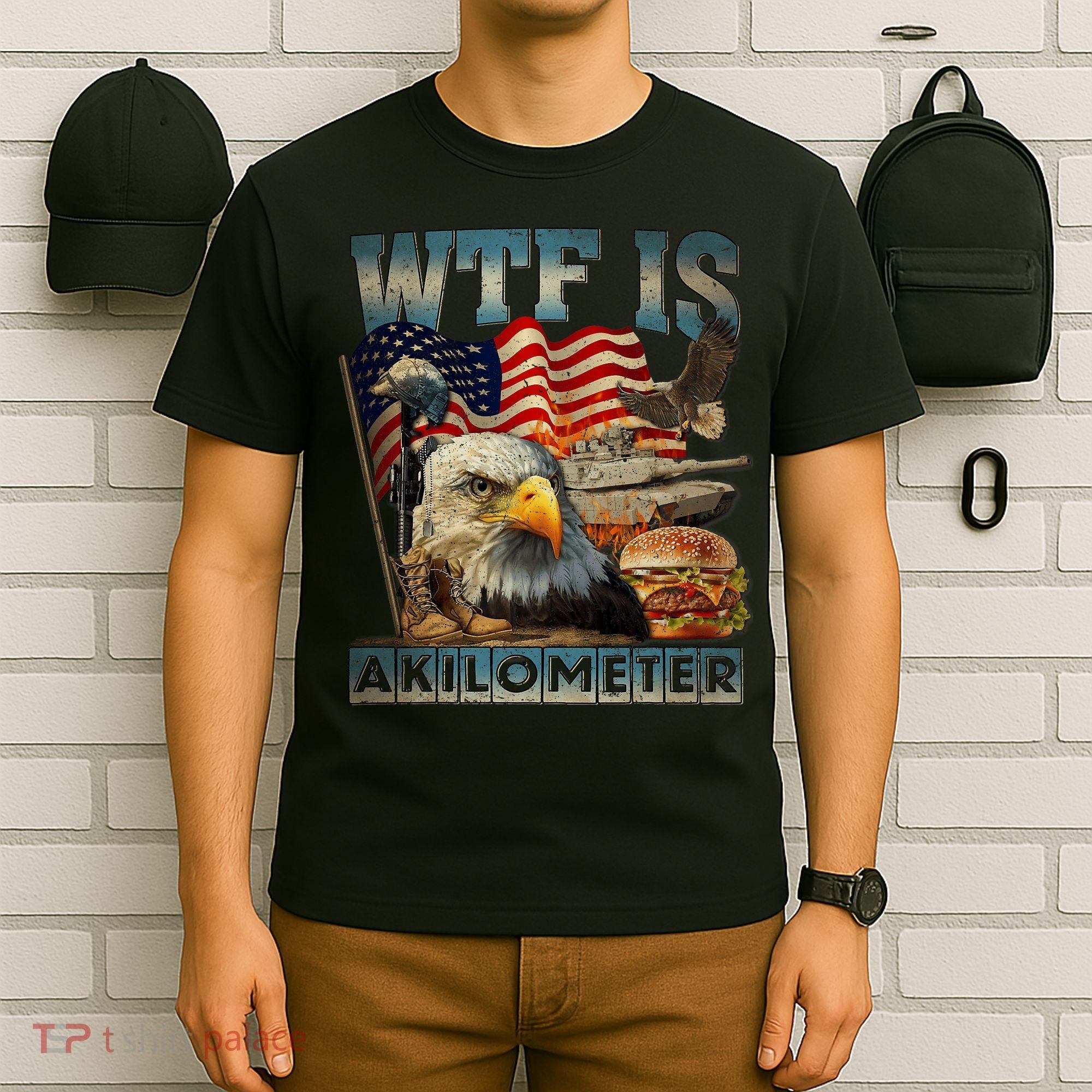Wtf Is A Kilometer Eagle Badge American Burger 4th Of July T-Shirt