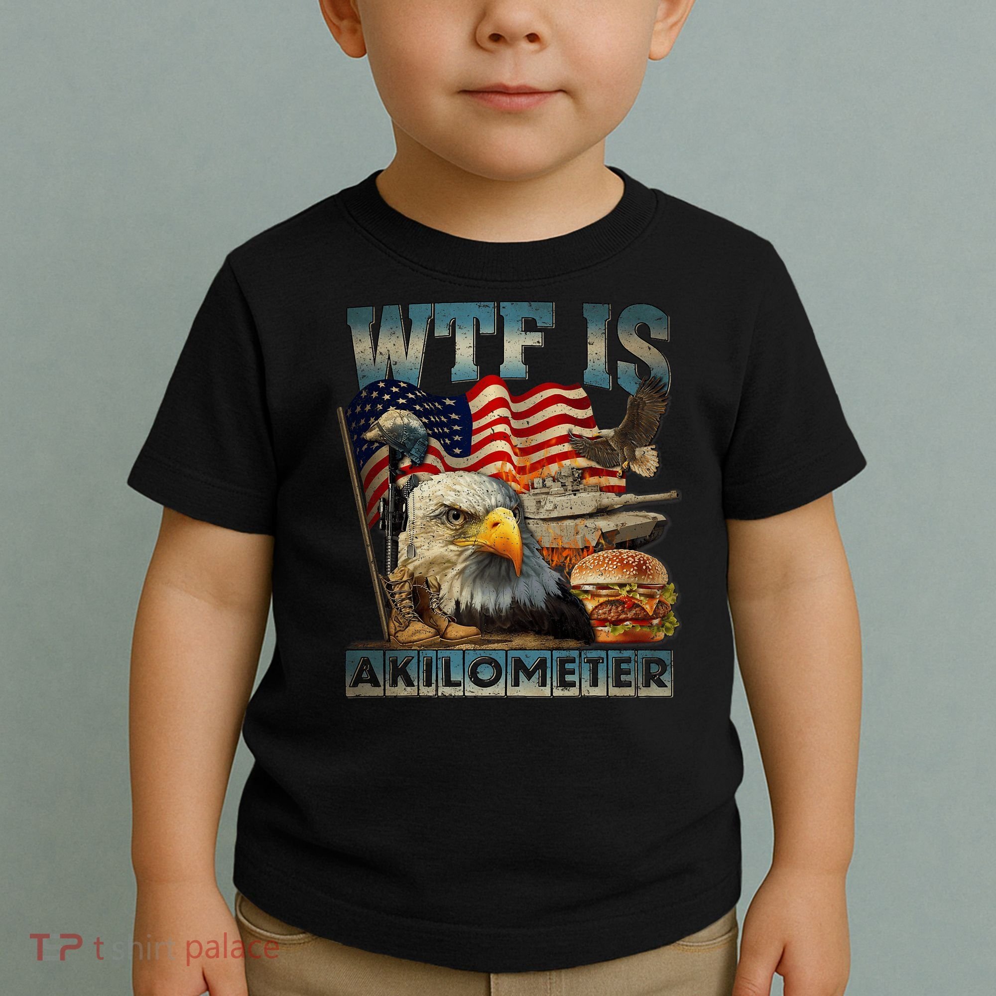 Wtf Is A Kilometer Eagle Badge American Burger 4th Of July Toddler T-Shirt