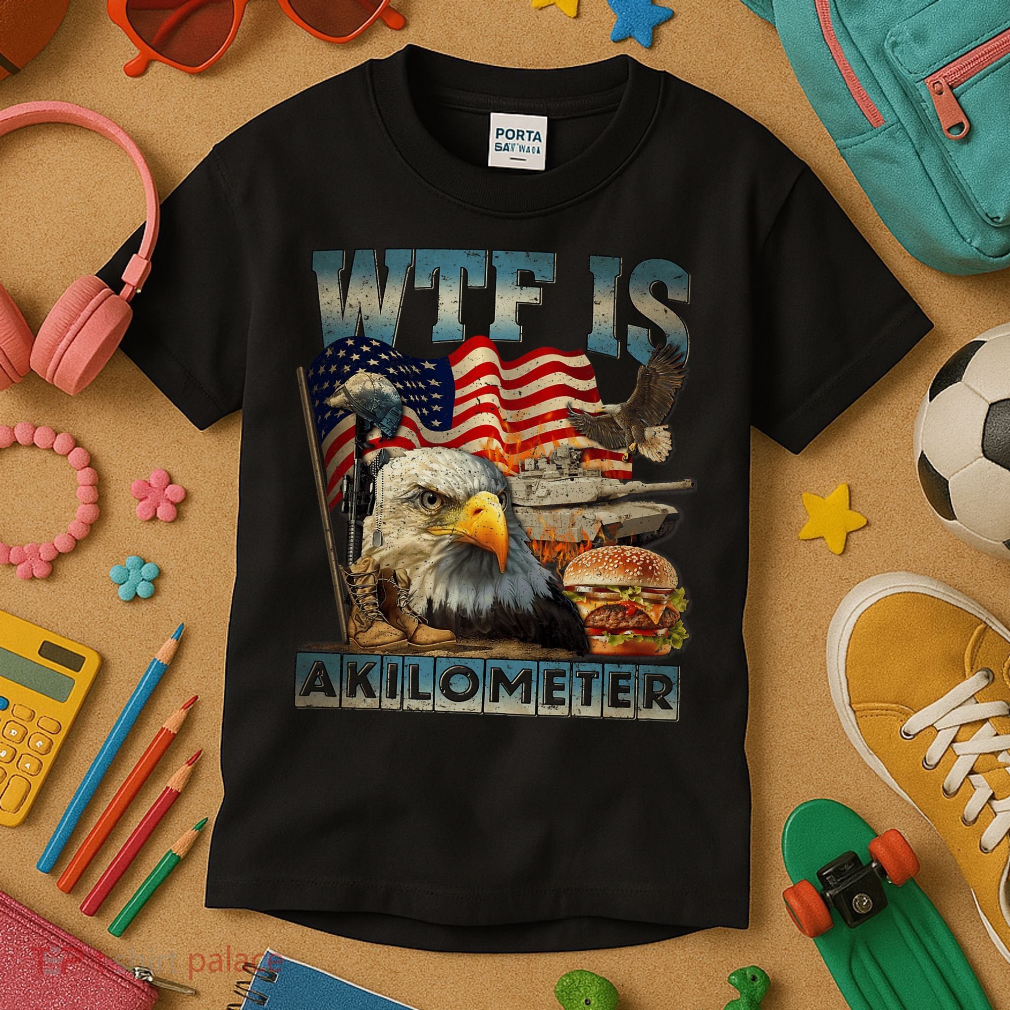 Wtf Is A Kilometer Eagle Badge American Burger 4th Of July Kids T-Shirt