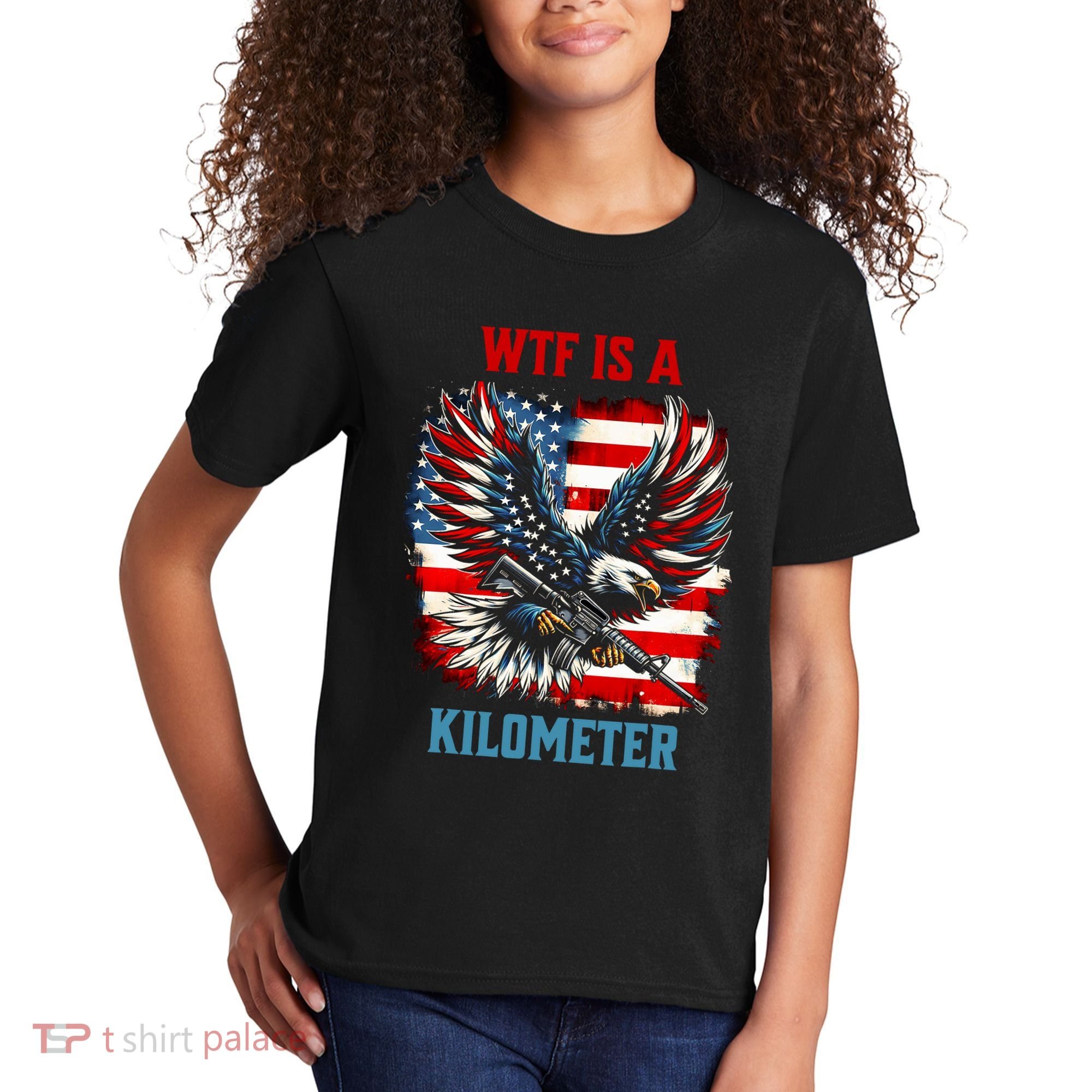 Wtf Is A Kilometer Eagle Badge American Flag Kids T-Shirt