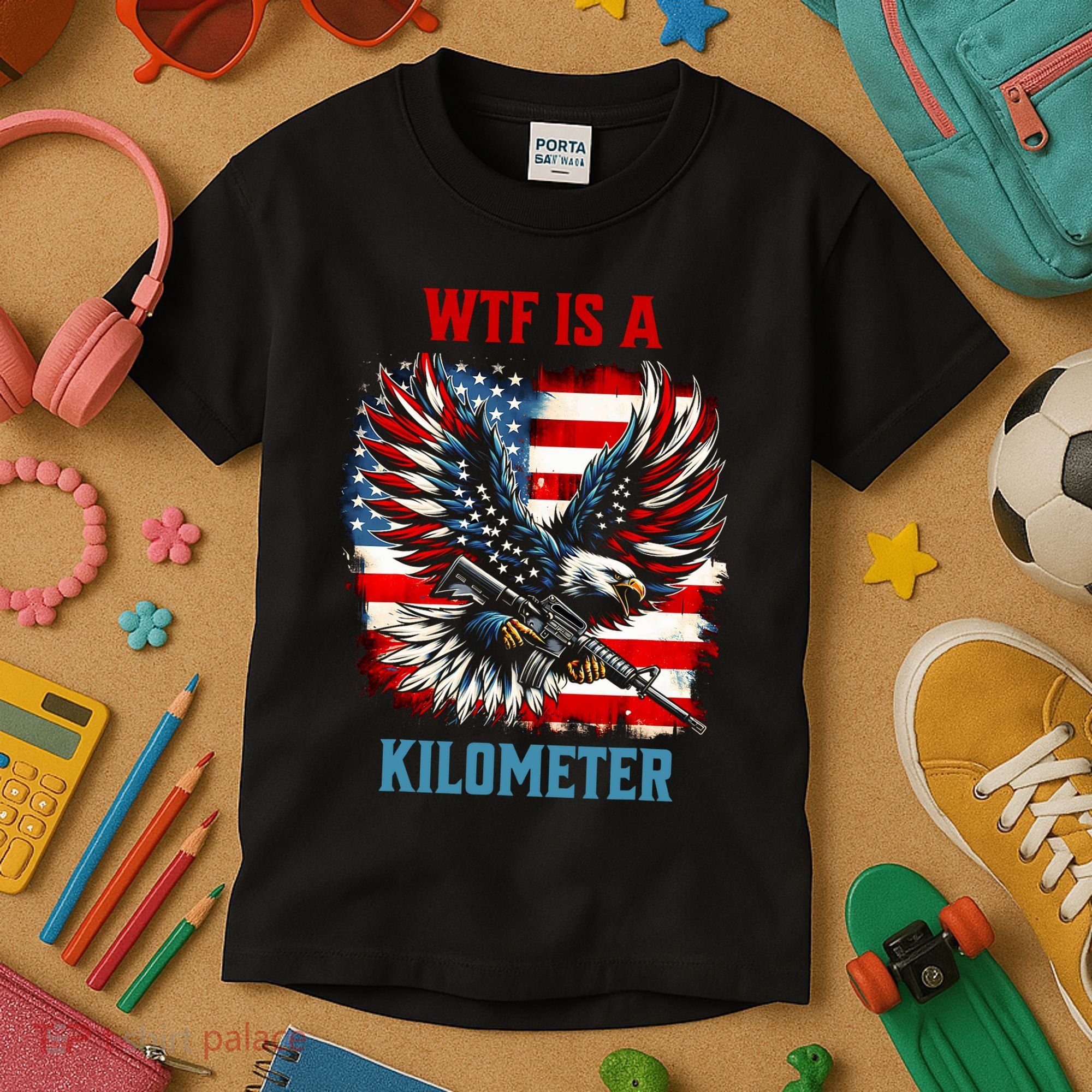 Wtf Is A Kilometer Eagle Badge American Flag Kids T-Shirt
