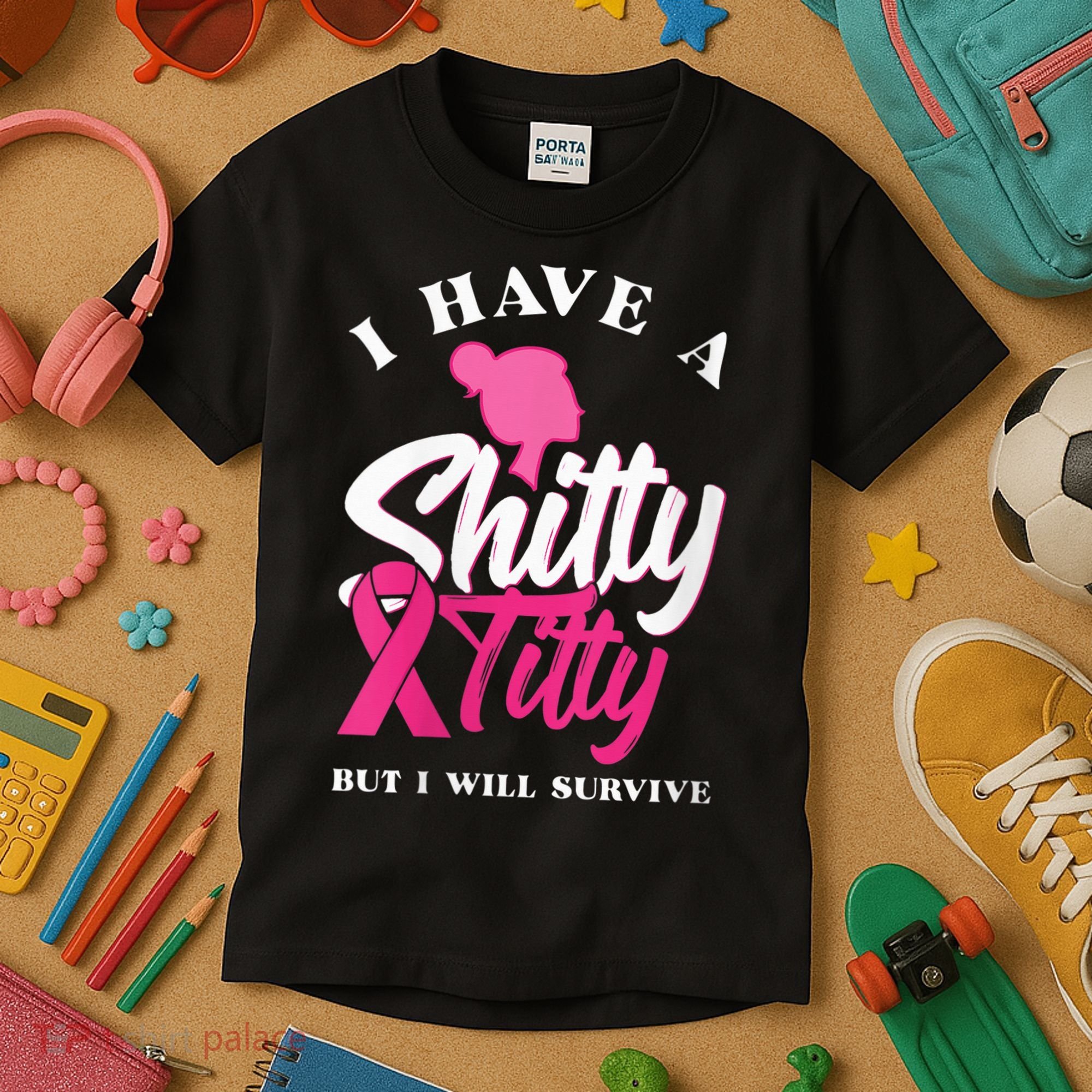 Wo I Have A Shitty Titty But I Will Survive Breast Cancer Kids T-Shirt
