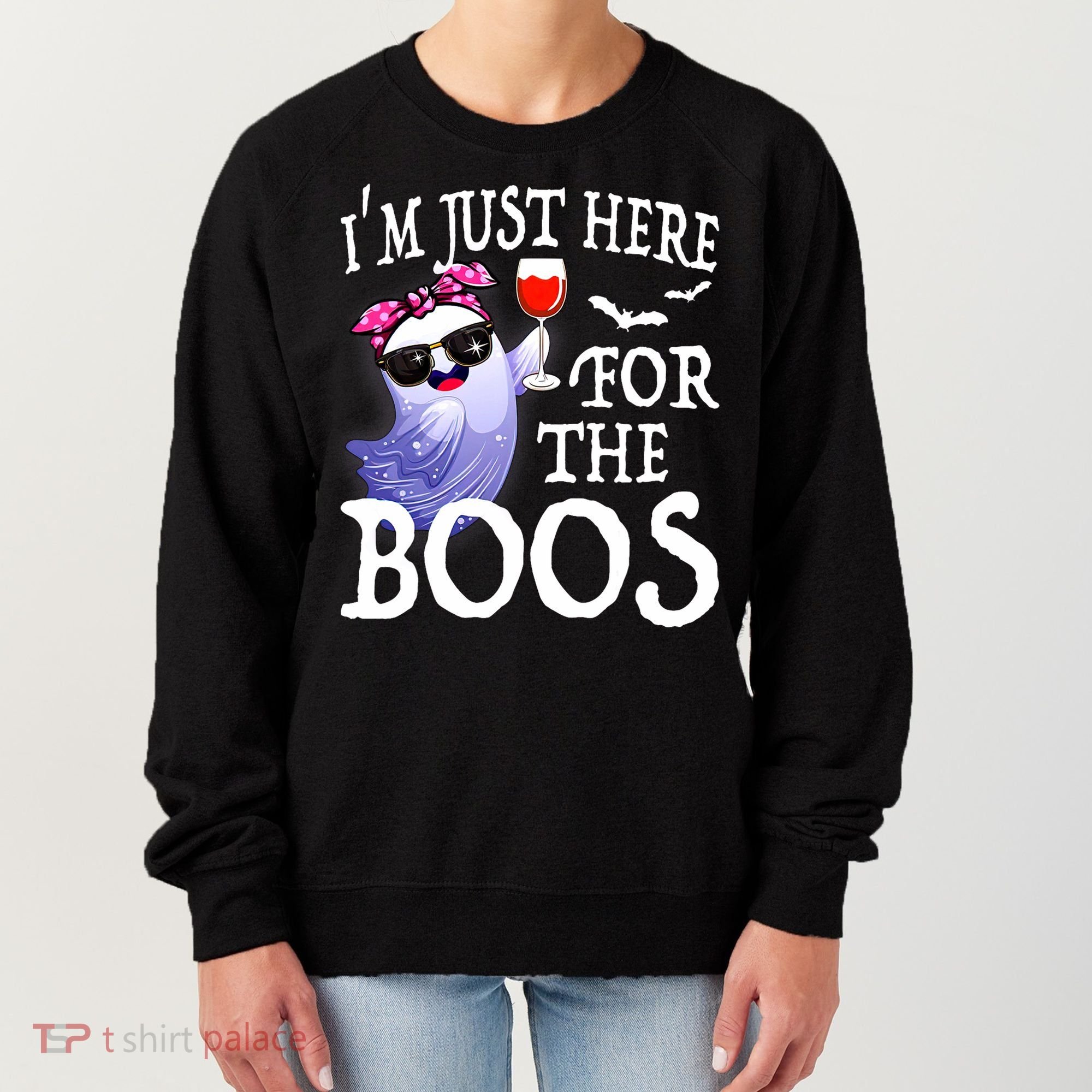 Women Im Just Here For The Boos Cute Halloween Ghost Wine Women's Sweatshirt