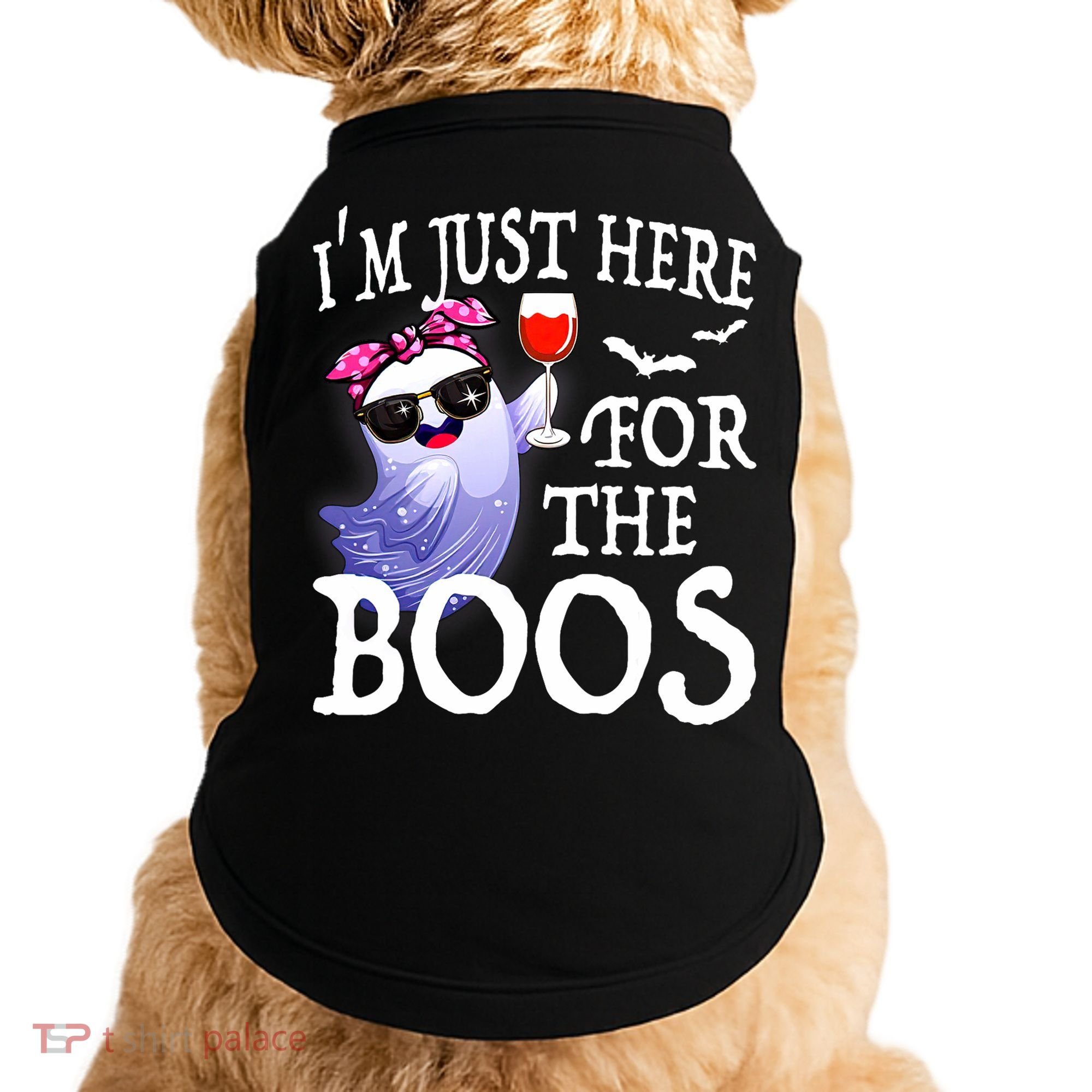 Women Im Just Here For The Boos Cute Halloween Ghost Wine Doggie Tank