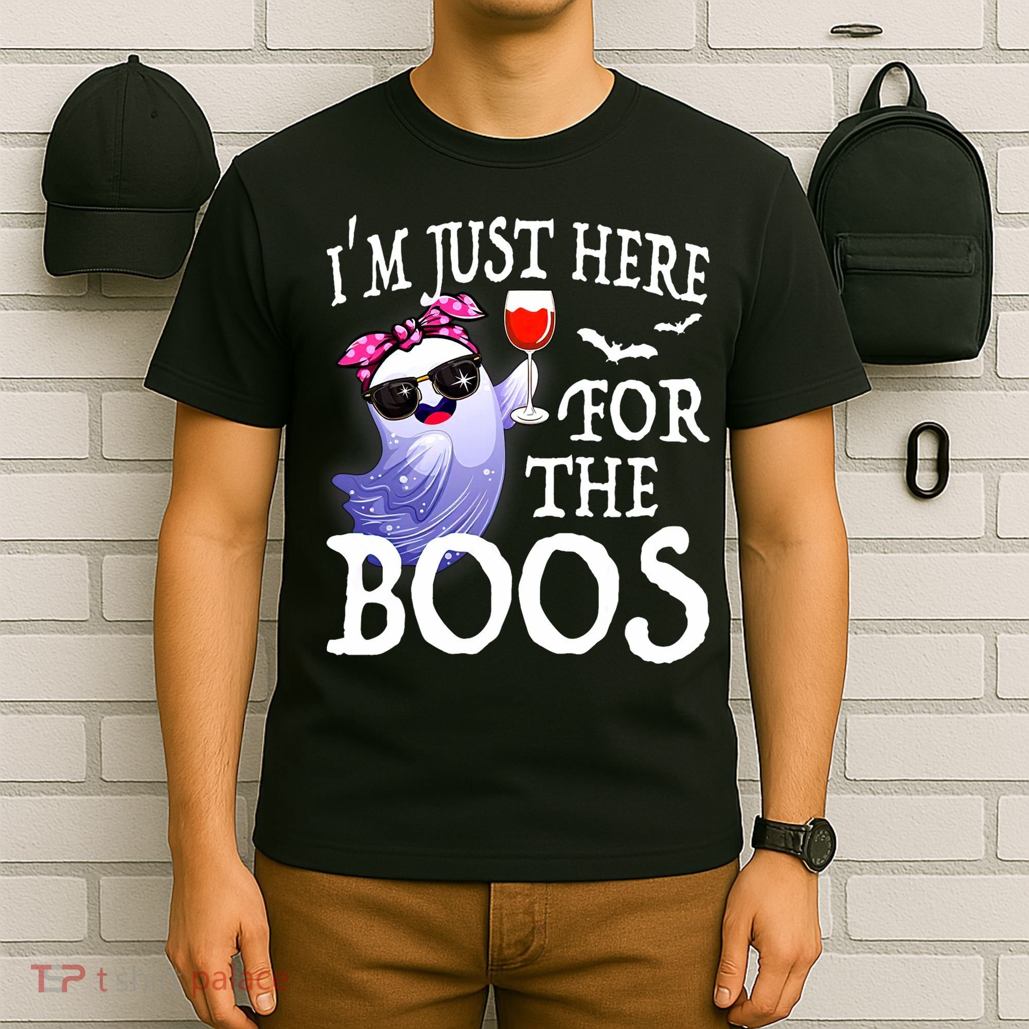 Women Im Just Here For The Boos Cute Halloween Ghost Wine T-Shirt
