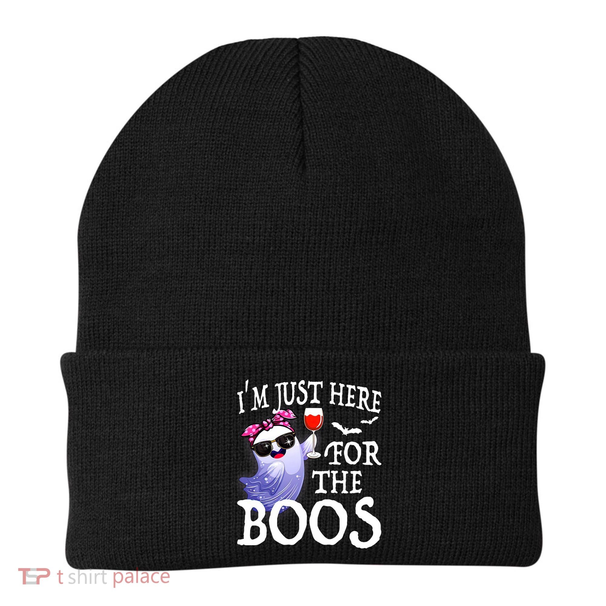 Women Im Just Here For The Boos Cute Halloween Ghost Wine Beanie